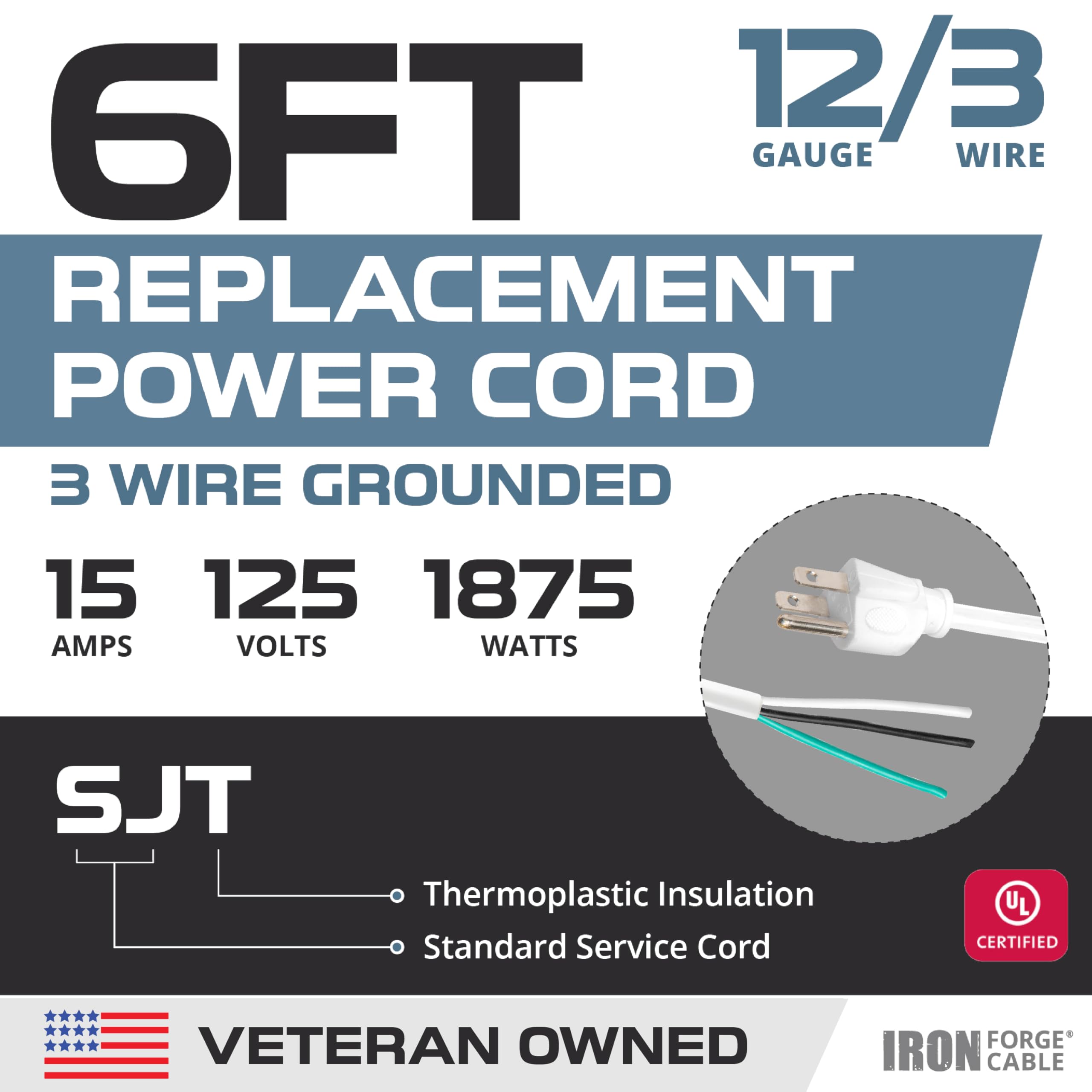 Iron Forge Cable 12 Gauge Power Cord Replacement   6Ft,15 Amp White Heavy Duty Extension Cord, 12/3 Sjt 3 Prong Electric Cable