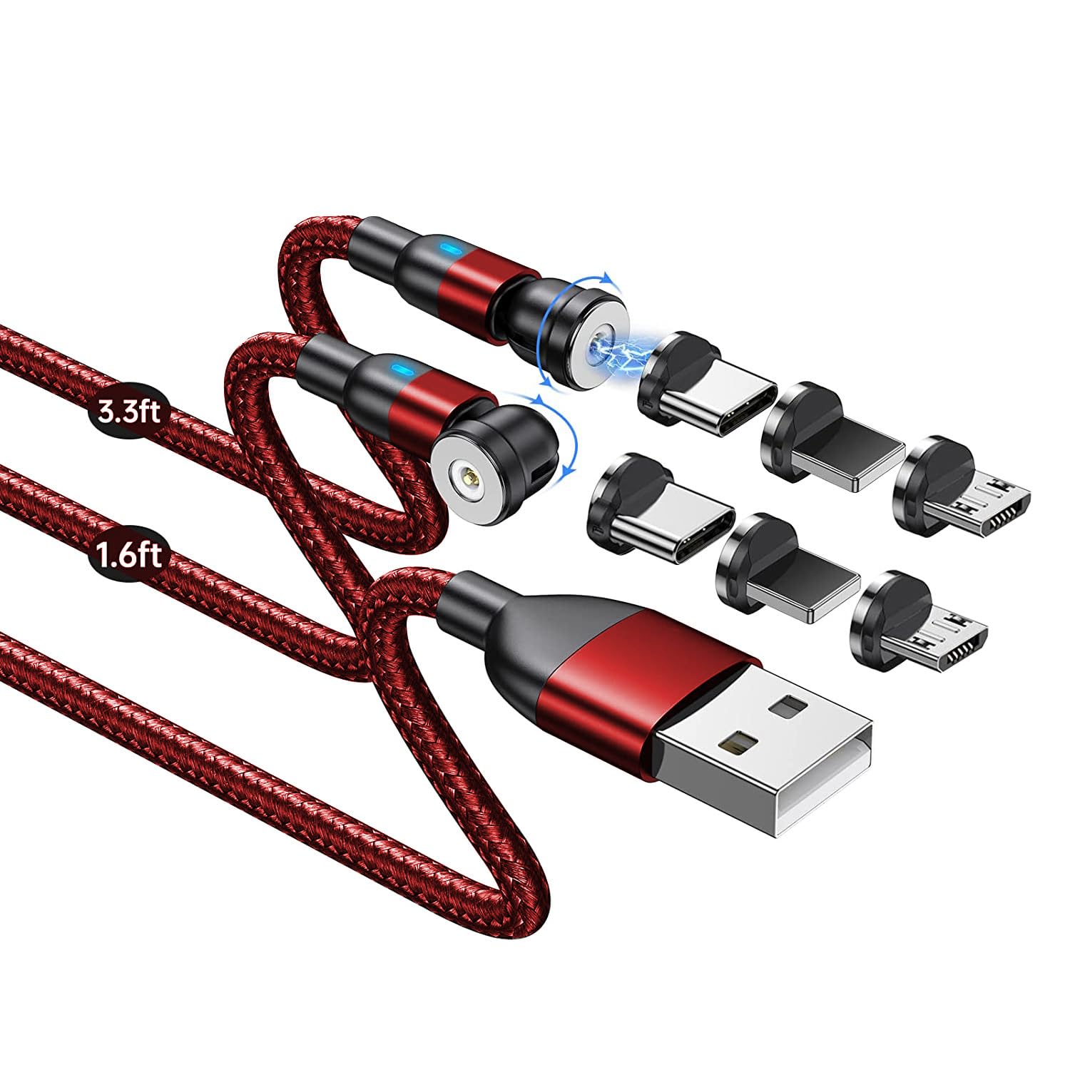 Bithai Magnetic Charging Cable 2 Pack 540 Rotating Magnetic Phone Charger Cable With Led Light For Micro Usb, Usb C And I Produc