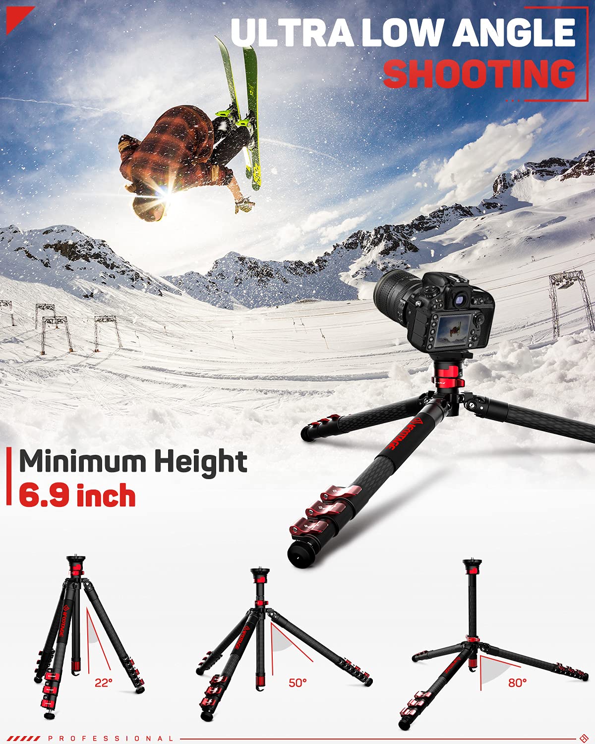 Ifootage Carbon Fiber Travel Tripod, 59'' Professional Video Camera Tripods 4 Sections With Centre Pole,Compatible With Canon, N