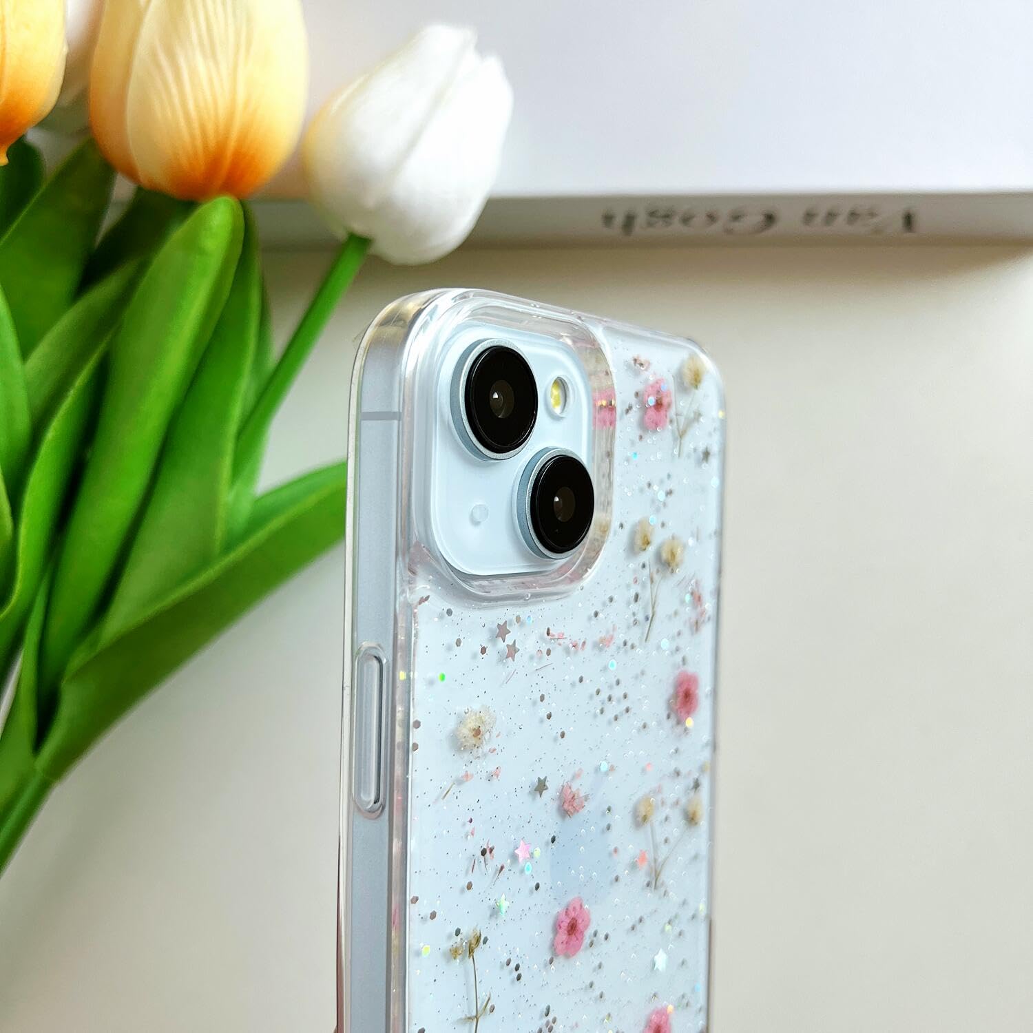 Lseeka For Iphone 14 Plus/Iphone 15 Plus Clear Case With Pressed Real Flowers Design,Glitter Cute Pink Floral Pattern Slim Soft