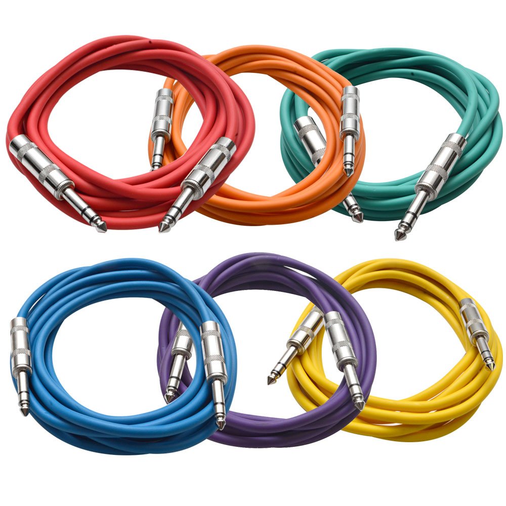 Seismic Audio SATRX-10BGORYP 6 Pack of Multi Color 10 1/4TRS to 1/4 TRS Patch Cables