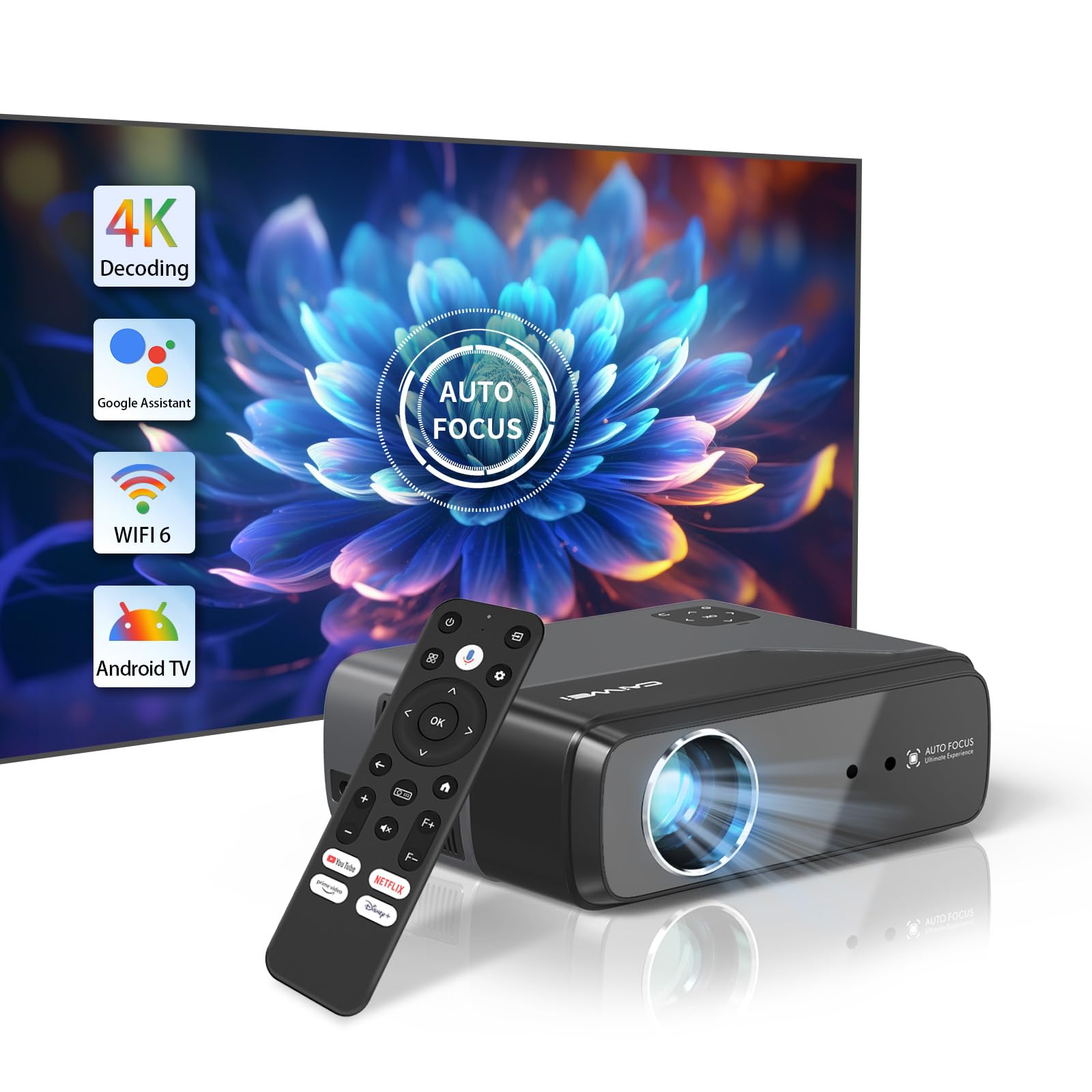 Smart Auto Focus Projector 4K Wifi Bluetooth With Netflix Certified Dolby Audio Voice Remote Android Tv 11 Portable Led 4K Full