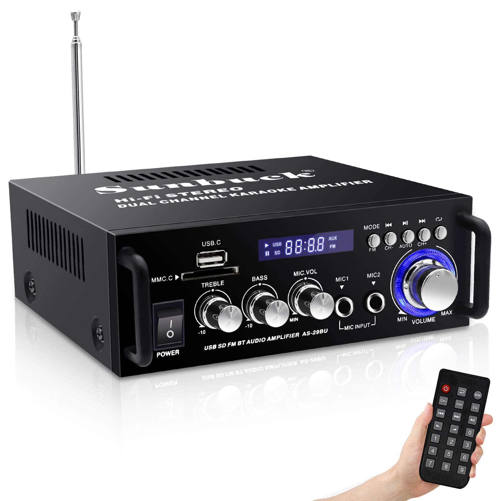Sunbuck Bluetooth 5.0 Audio Amplifier, 2 Channel Compact Stereo System, 250Wx2, Rca/Usb/Fm, Speaker Receiver As29Bu