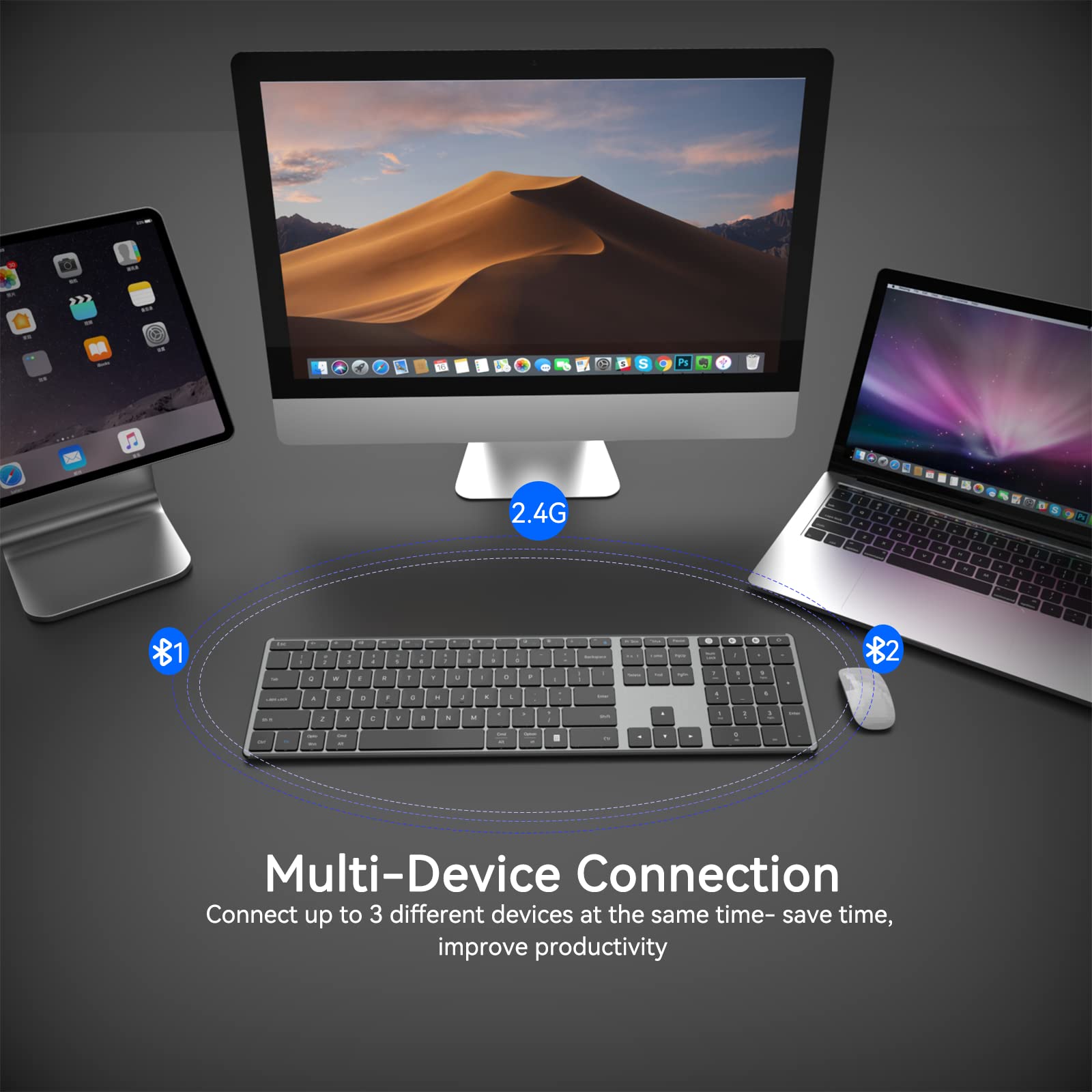 Ausdom Wireless Bluetooth Keyboard Full Size, Quiet Slim Multi Device Rechargeable Cordless Qwerty Keyboard With Number Pad, Low