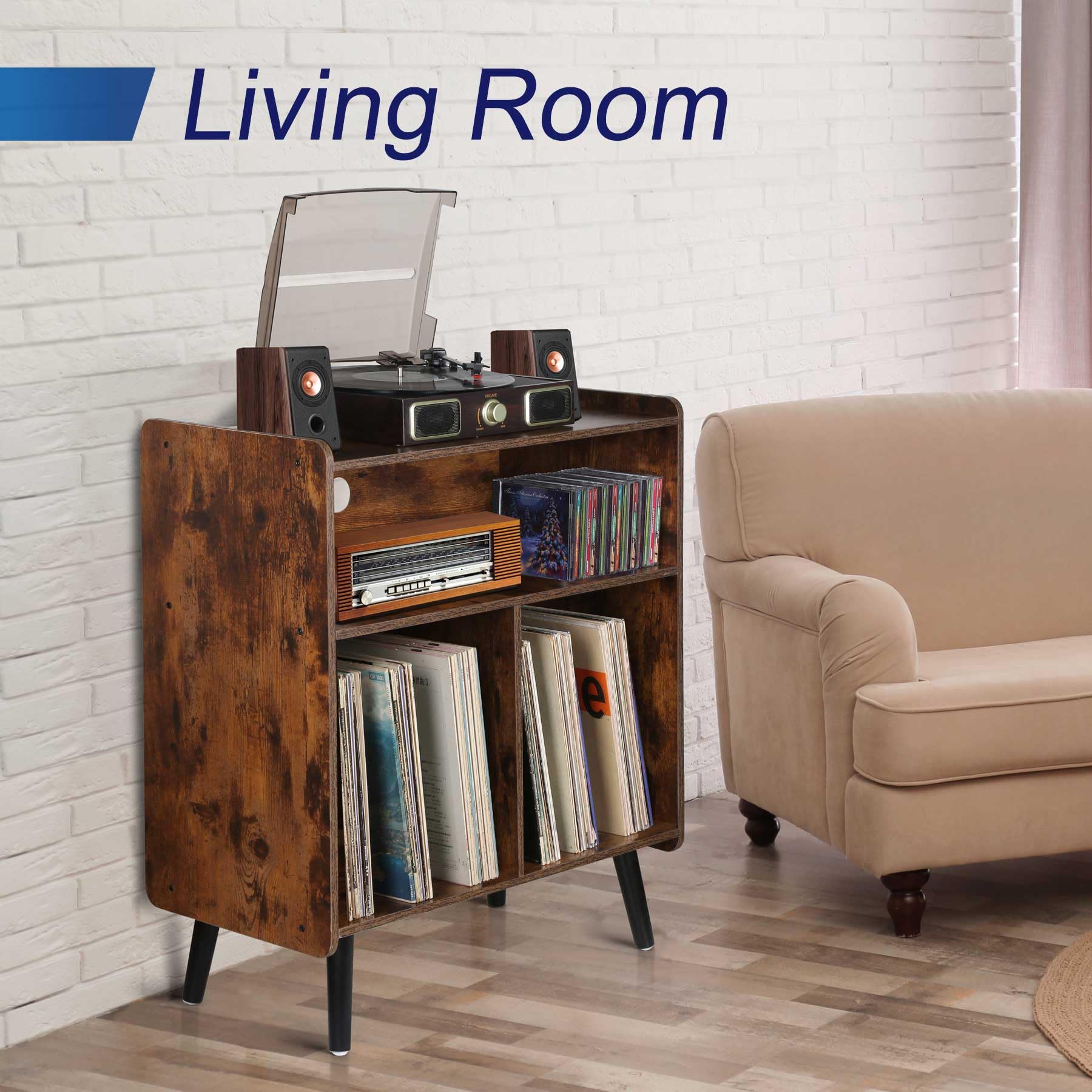 Possile 3 Tier Vintage Record Player Stand, Mid Century Vinyl Record Storage Cabinet Table Holds Up To 100 Albums, Large Wood Tu