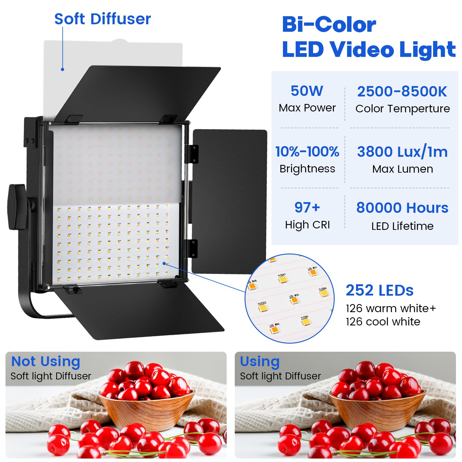 Photography Video Continuous Output Lighting Kit, 2Pack Upgraded Bi Color Led Video Studio Lights Aluminum Alloy 2500K~8500K Wit