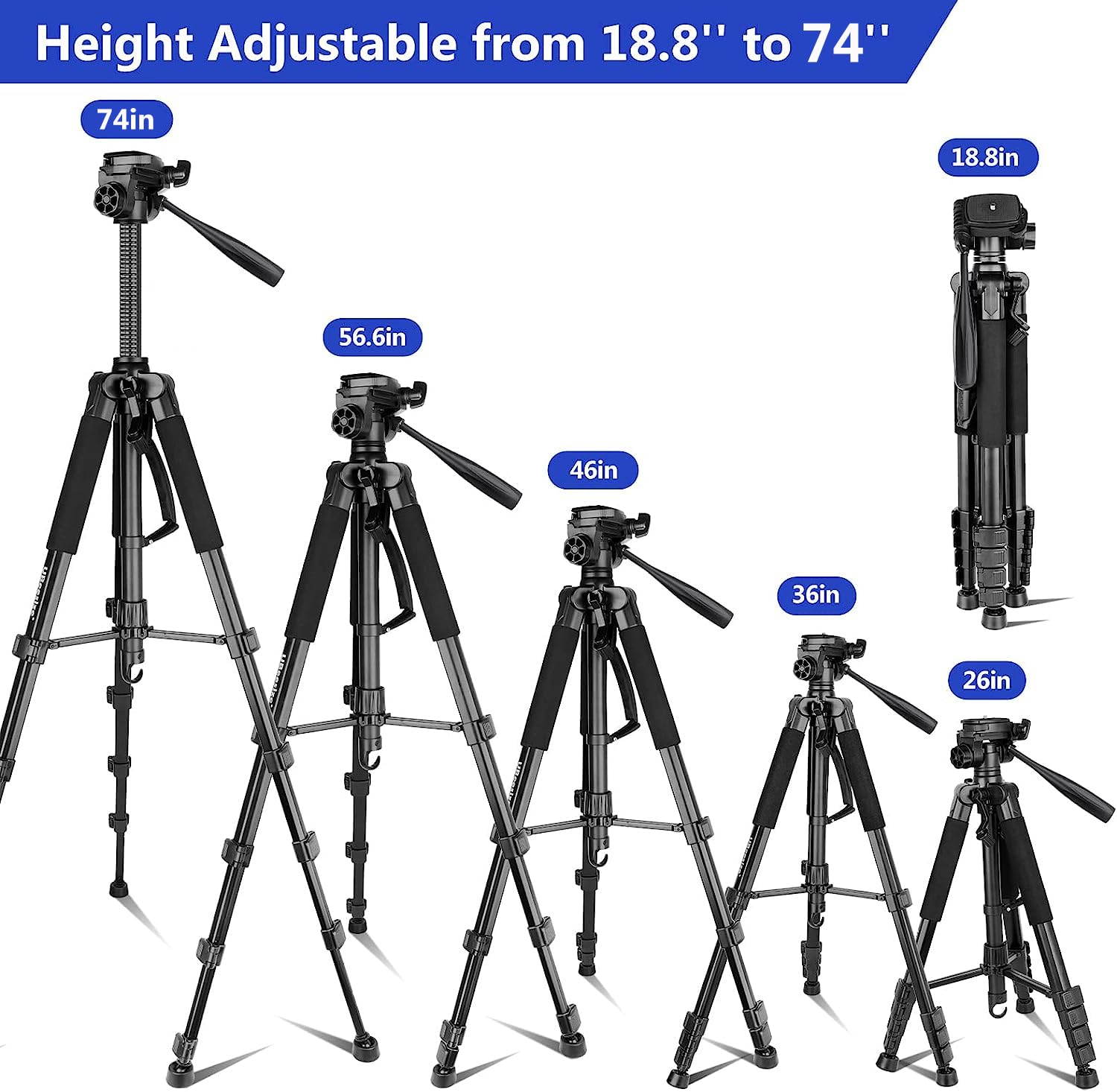 Aureday 74�� Camera Tripod With Travel Bag,Cell Phone Tripod With Wireless Remote And Phone Holder, Compatible With Dslr Cameras,Cell Phones,Projector,Webcam,Spotting Scopes(Black)