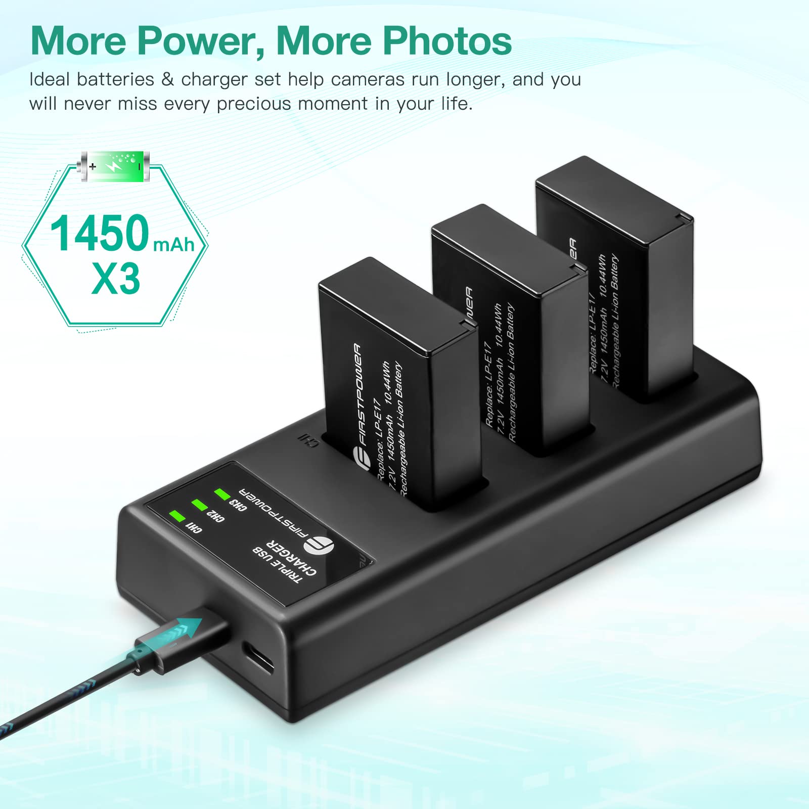 FirstPower LP-E17 Camera Battery 3-Pack & Triple Slot Charger for Canon EOS R8 R10 R50 RP Rebel T8i T7i T6i SL3 Black