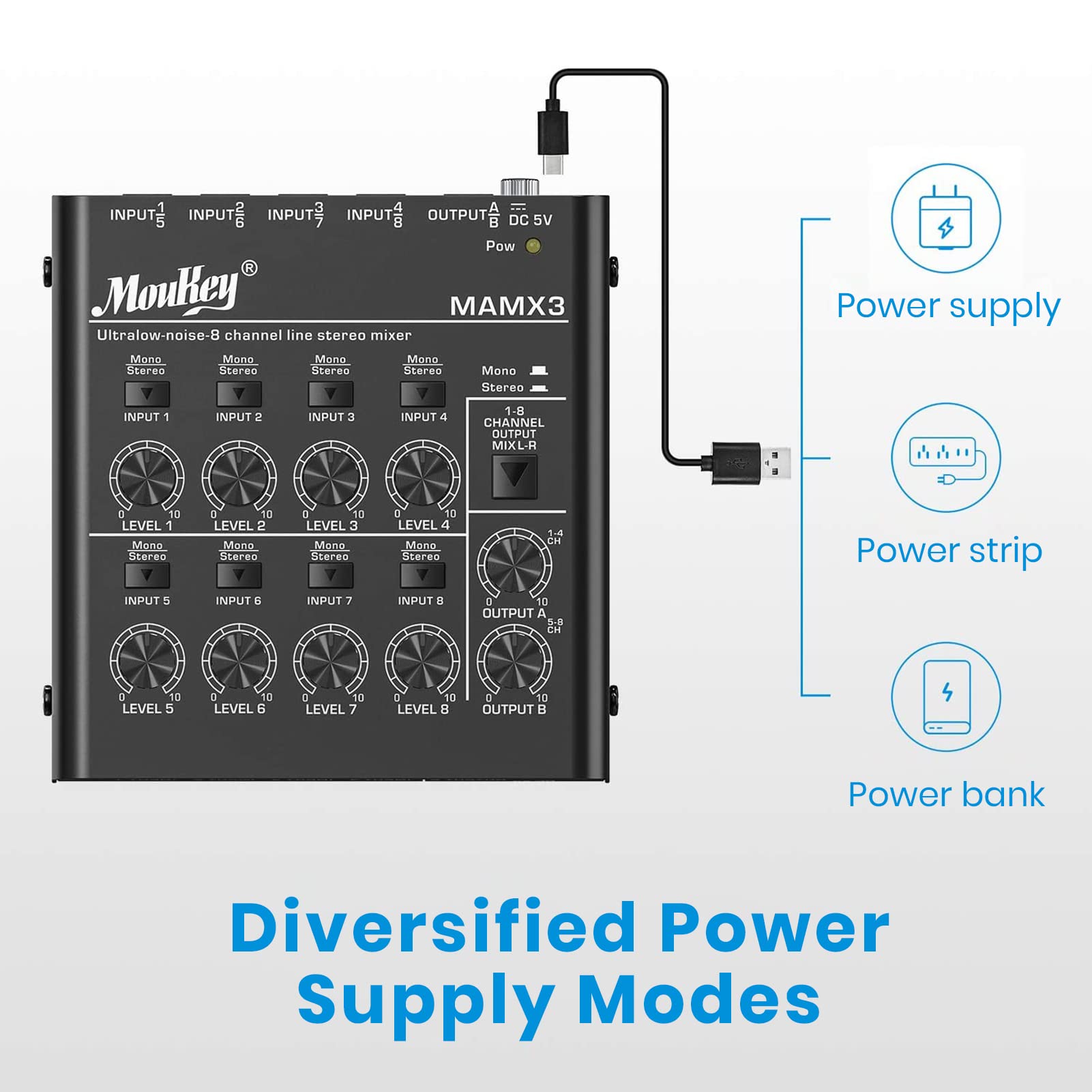 Moukey Audio Mixer, Dc 5V, 8 Stereo Ultra, Low Noise 8 Channel Line Mixer For Sub-Mixing, For Small Clubs Or Bars, As Guitars, B