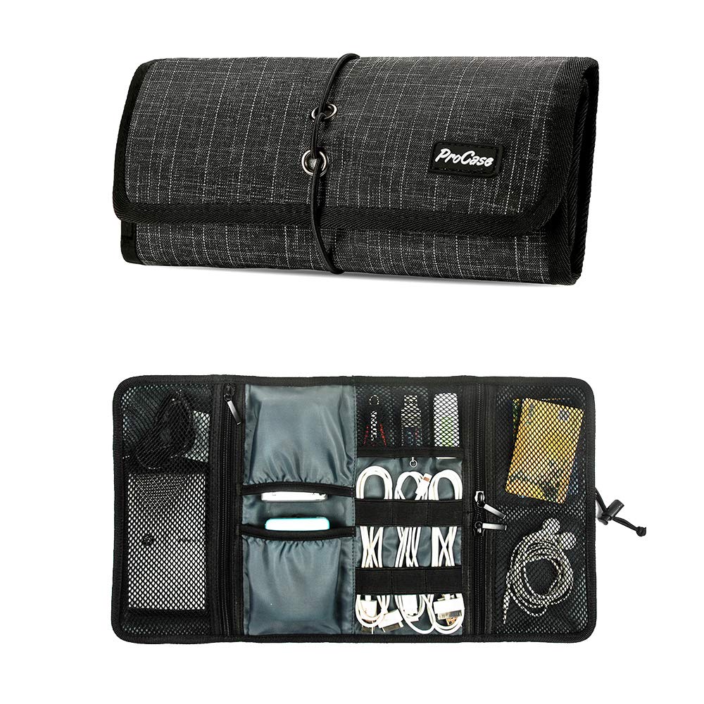 Procase Electronic Organizer Cord Pouch, Travel Cable Charger Phone Accessories Bag Organizer Roll Up Tech Carrying Case For Usb Cables Sd Memory Cards Earphone Flash Hard Drive  Blackplaid