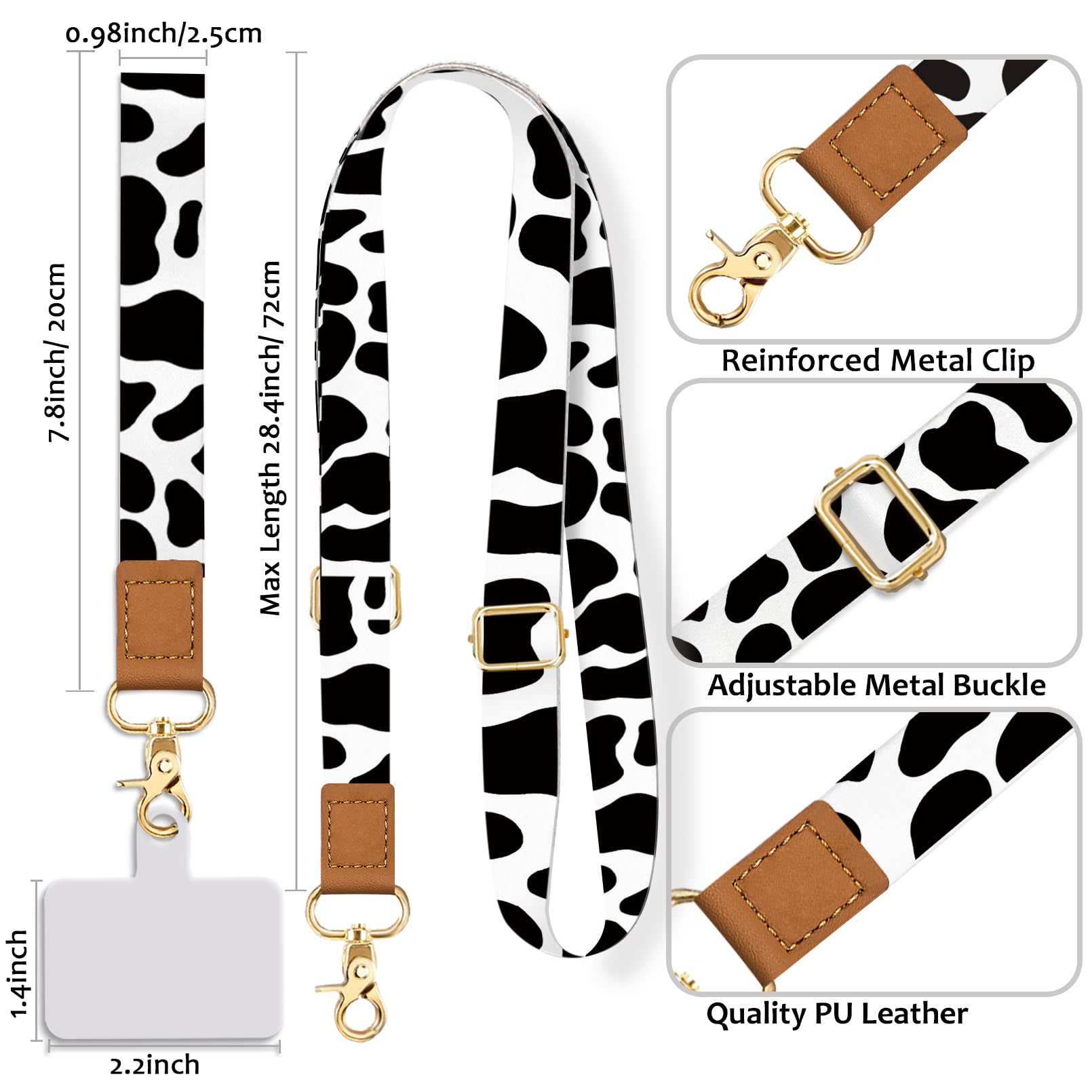 Phone Lanyard Crossbody Wrist Strap Adjustable, Cow Cell Phone Lanyard Wristlet Universal Phone Strap With 2 Phone Tether Tabs,