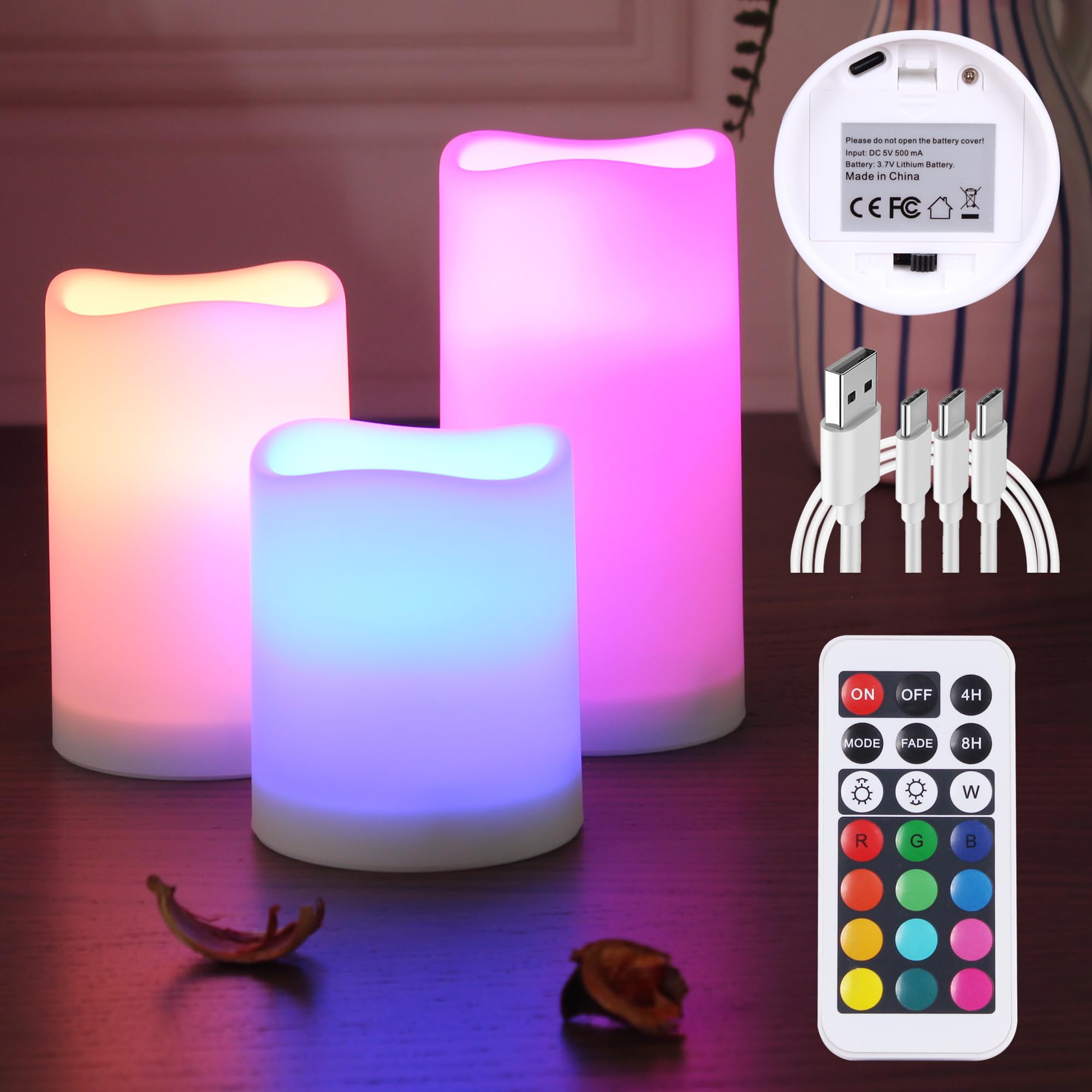 yucanucax Remote Control Rechargeable Flameless LED Candle Light, Outdoor/Indoor Color Changing Plastic Candle, 3 Pack
