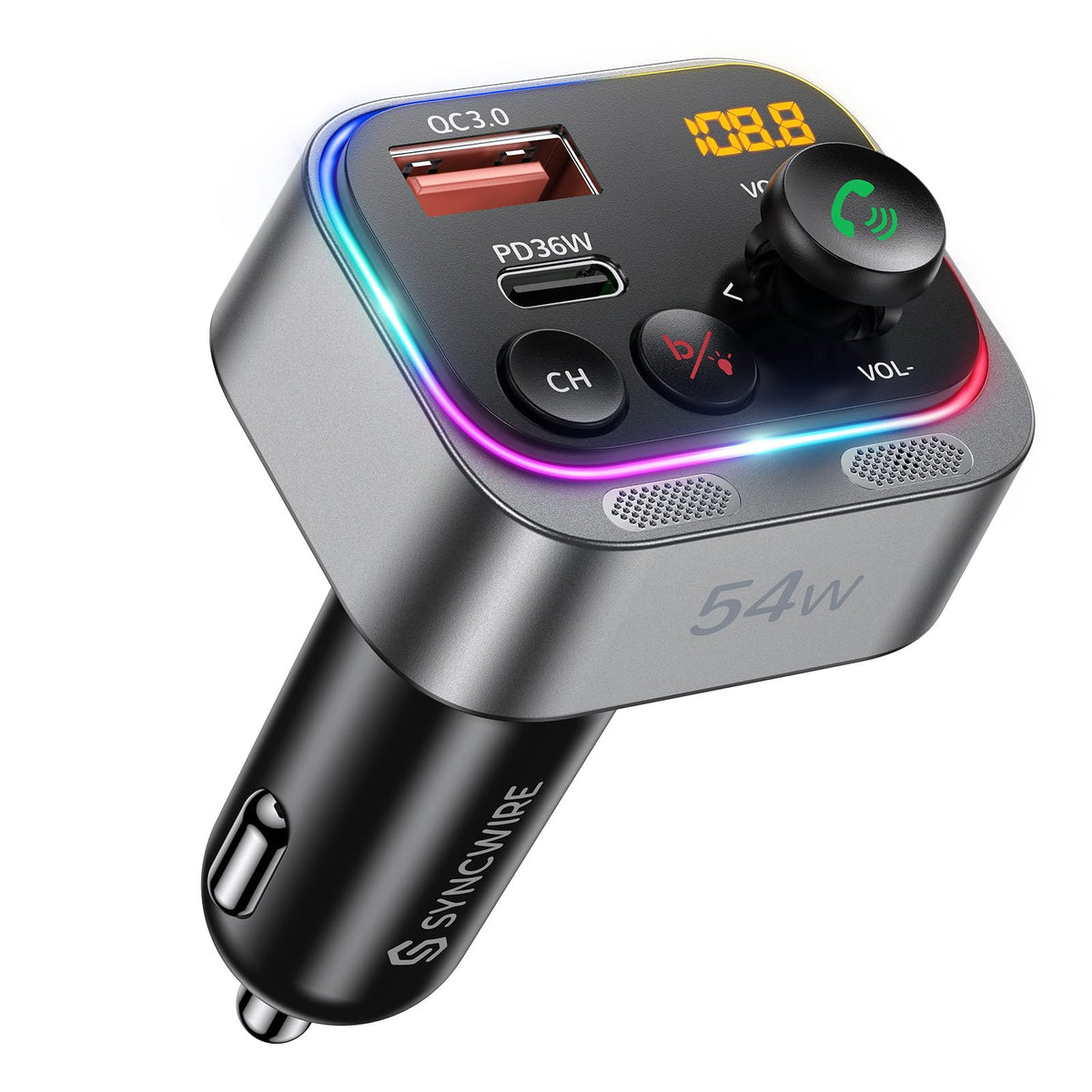 Syncwire Bluetooth 5.4 Fm Transmitter Car Adapter 54W (Pd 36W & 18W) [Stronger Dual Mics] [Light Switch] [Hifi Bass Sound] [Fast