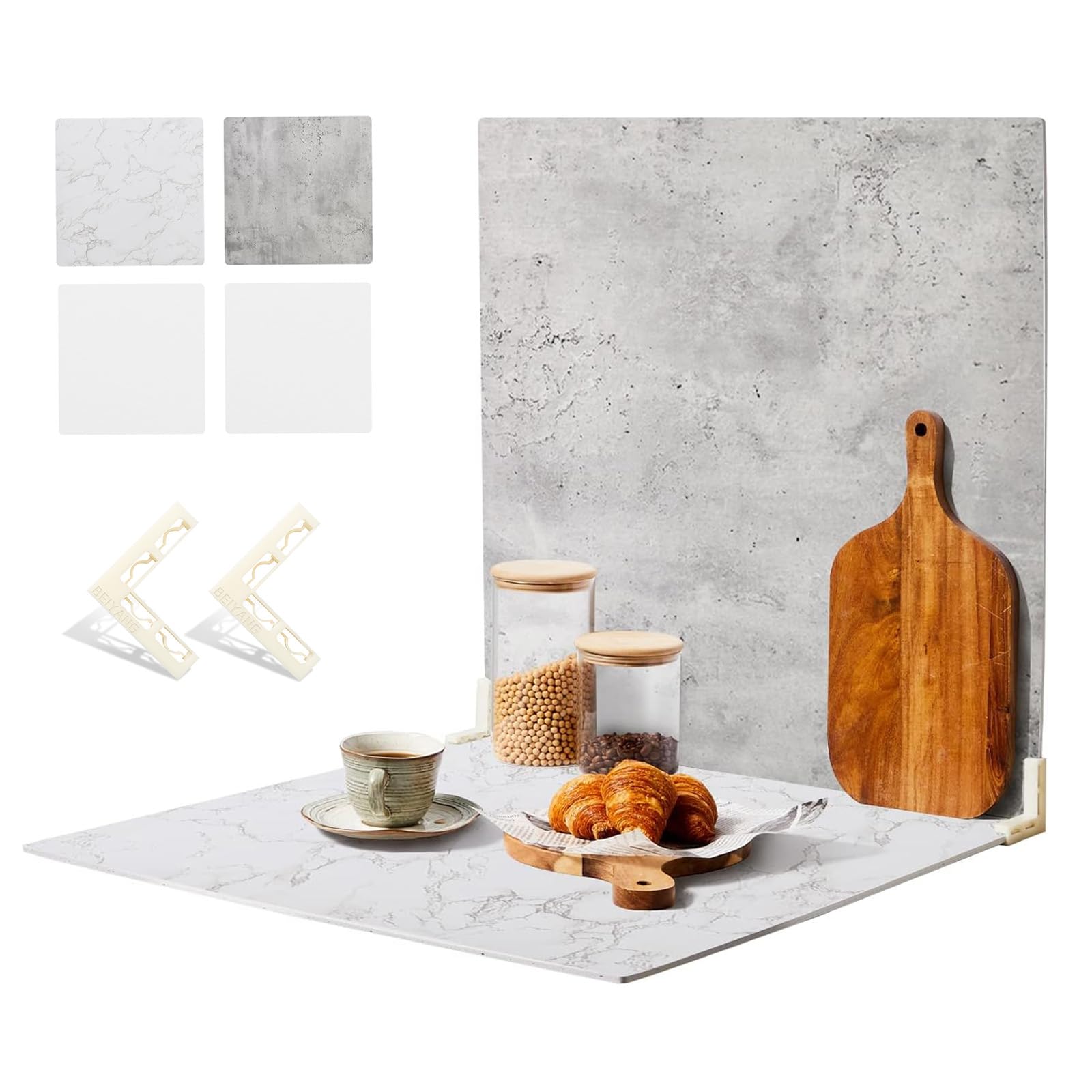 2 Pcs 4 Pattern Boards Photo Backdrop For Flat Lay, Food Photography Background 24X24 Inch, Beiyang (Marble+Light Gray)
