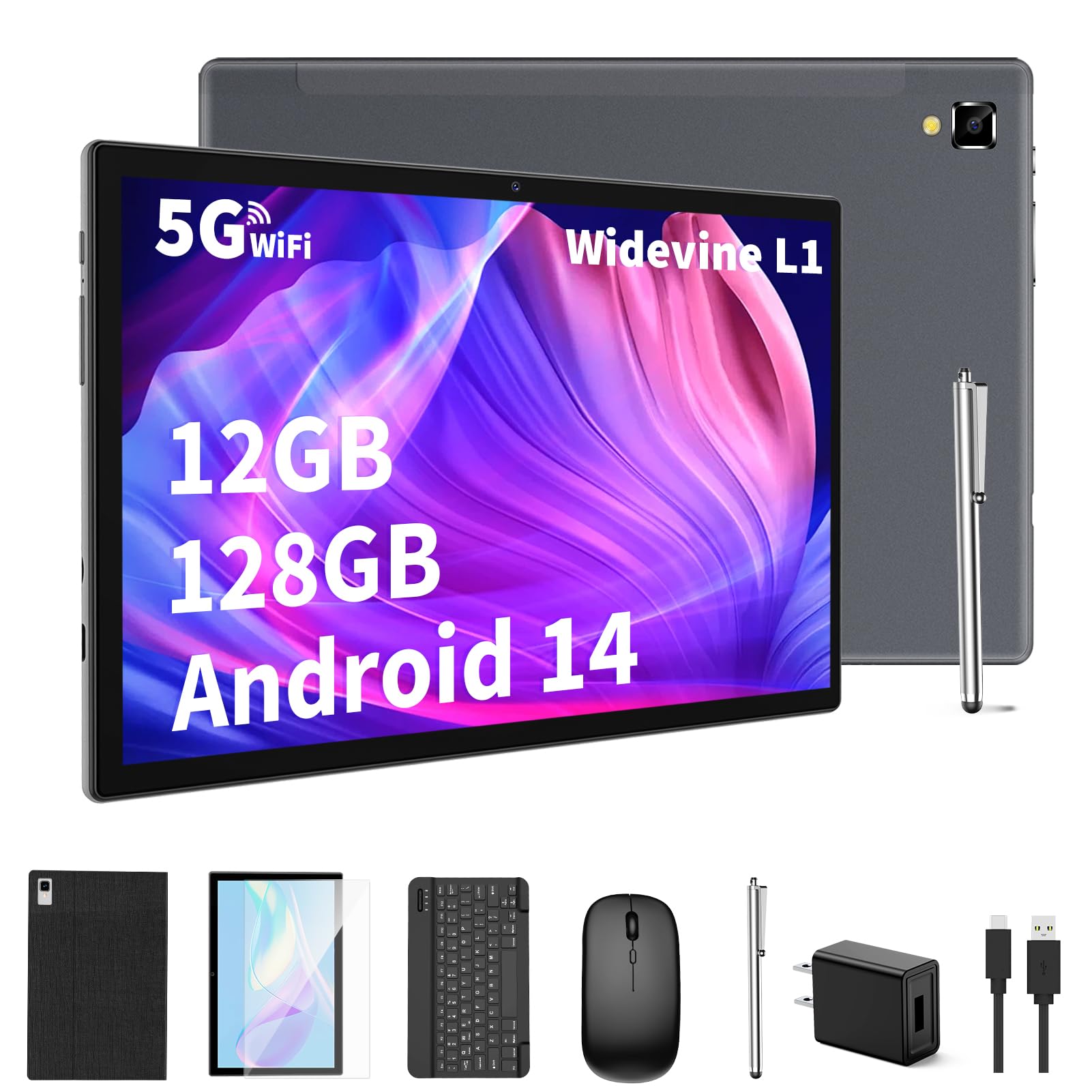 Yleebg Android Tablet With Keyboard,10 Inch Android 14 Tablet, 12Gb Ram 128Gb Rom, 1Tb Expand, 8000Mah, 2.4G/5G Wifi, Bluetooth,