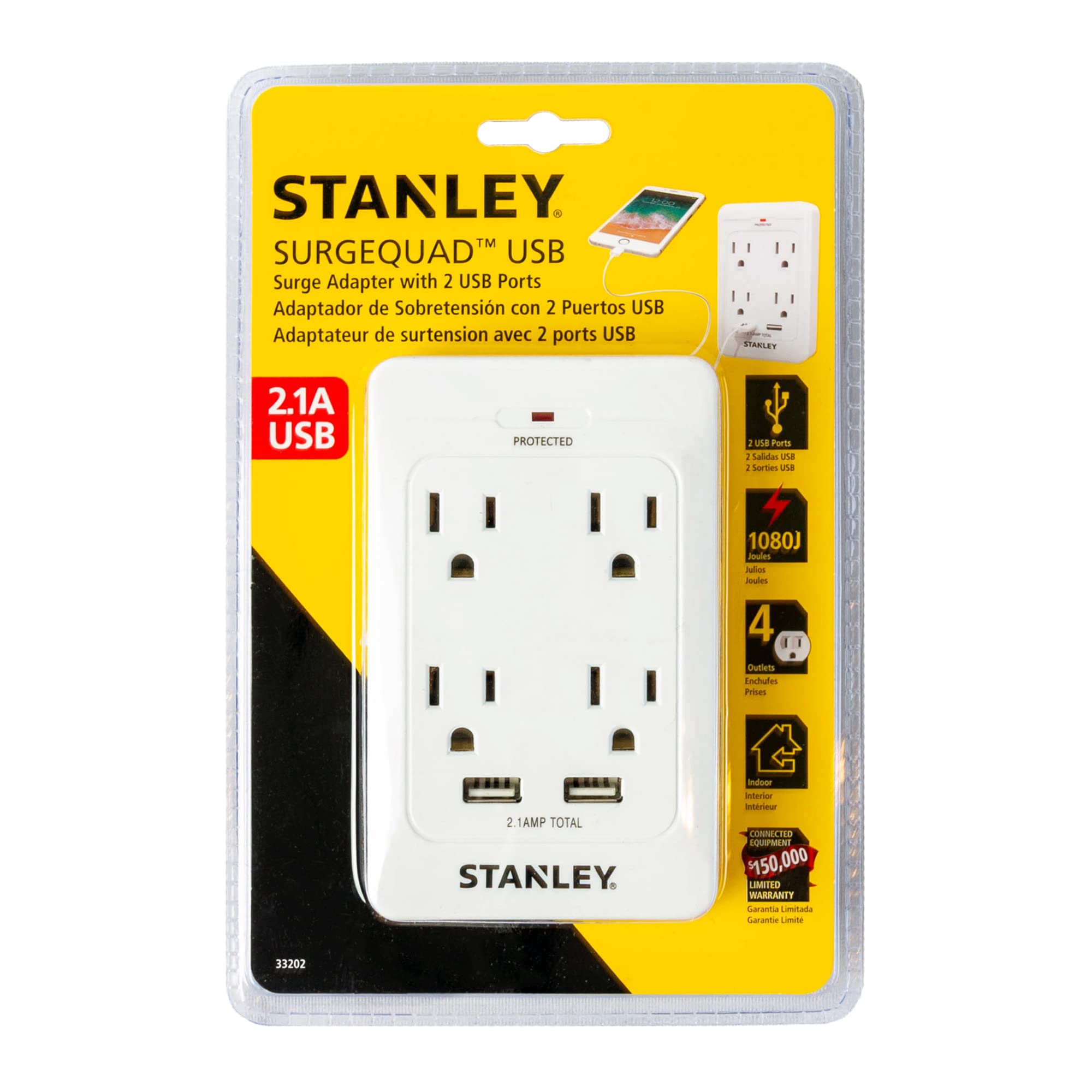 Stanley 33202 Surgequad Ac And Usb Wall Tap, White