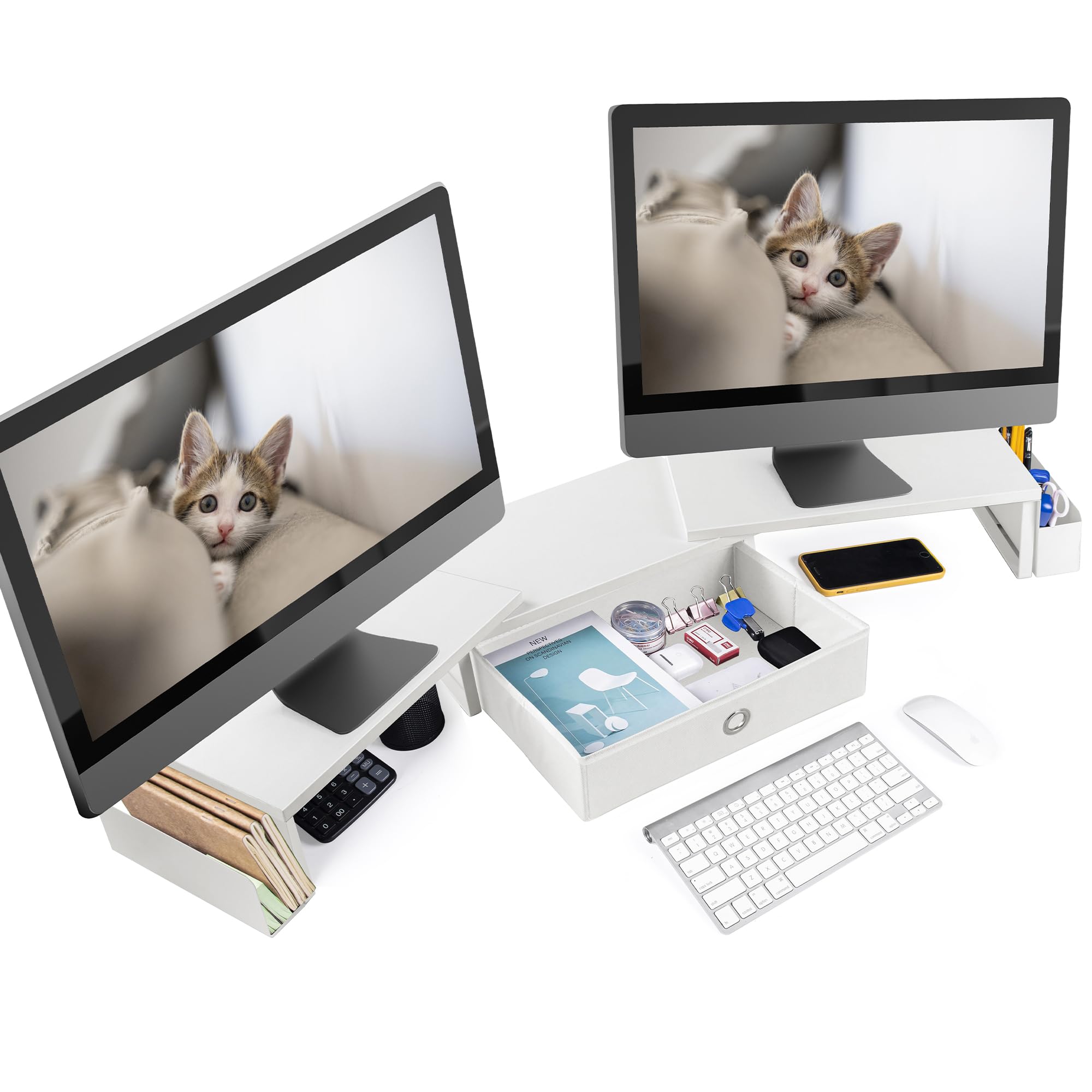 Ruilalife Dual Monitor Stand Riser W/ Drawer & Metal Leg, Large White Computer Monitor Riser W/ Storage For 2 Monitors, Desk She