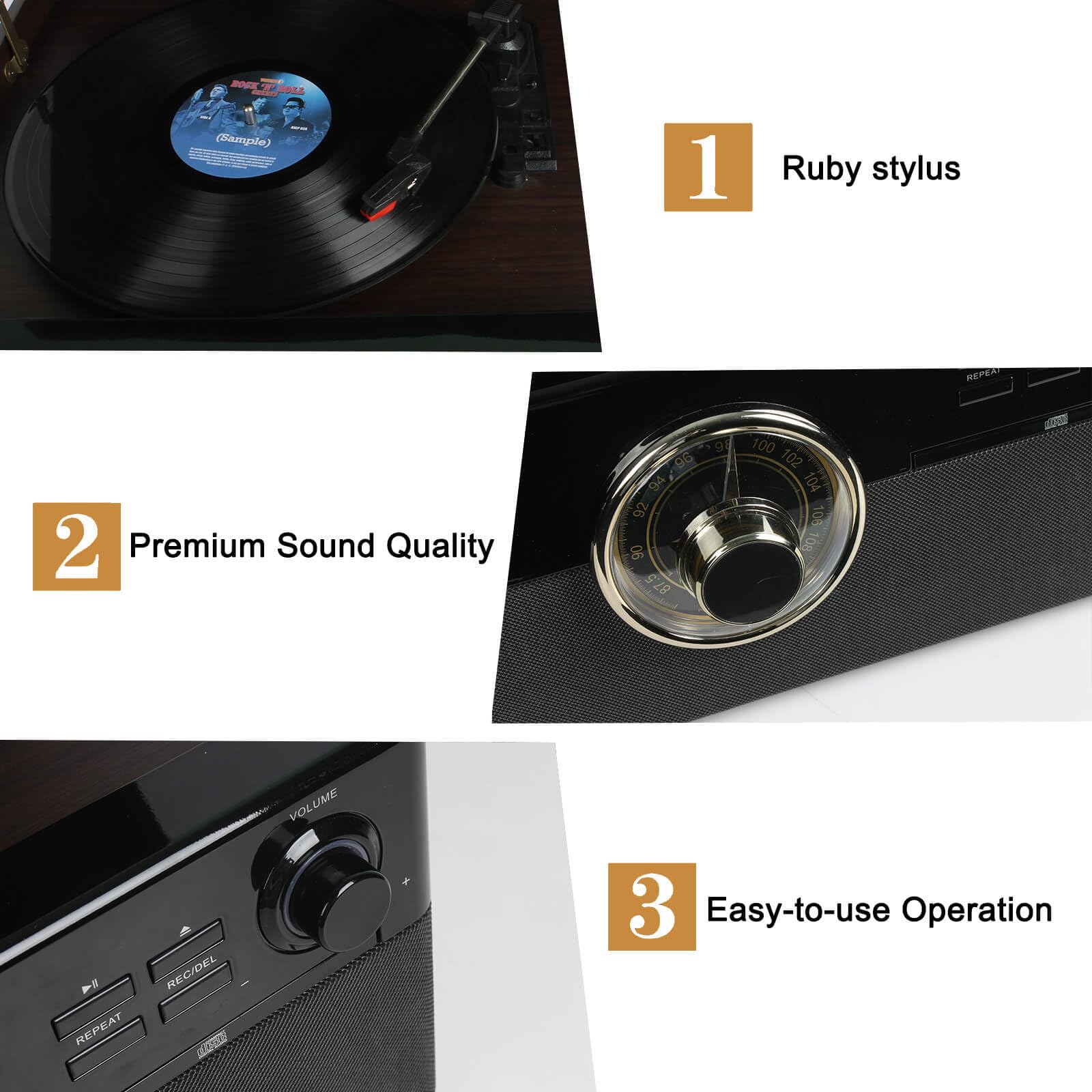 All In One Record Player 3 Speed Turntable Bluetooth Cd Cassette Tape Fm Radio Usb Playback And Recording Aux In Rca Line Out