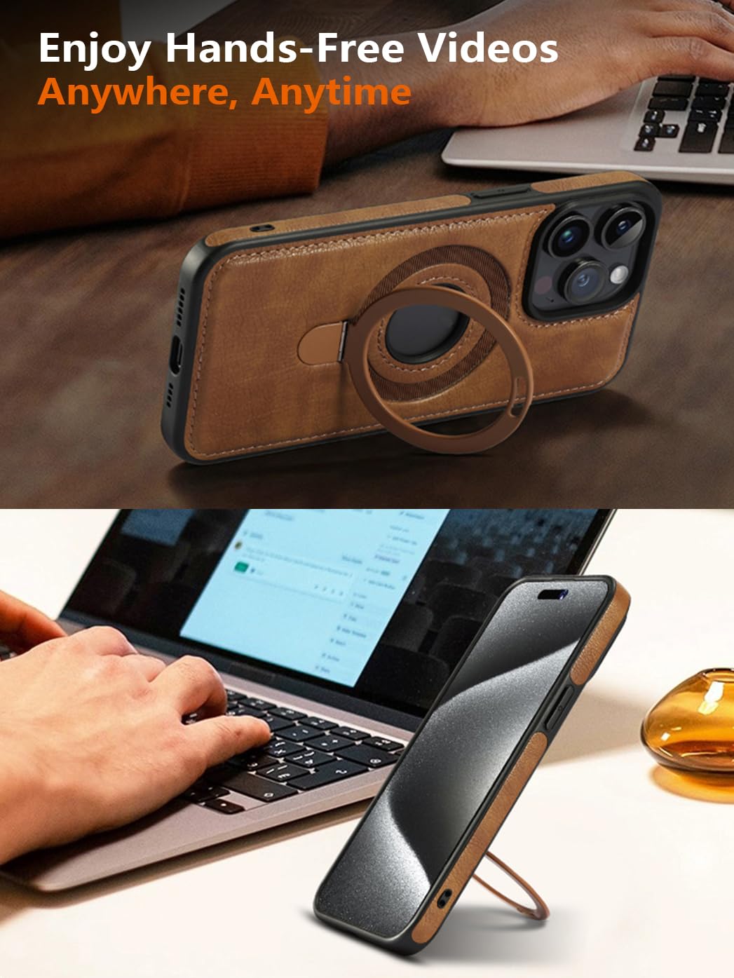 Vauserdy Magnetic For Iphone 14 Plus Leather Case,Invisible Stand [Compatible With Magsafe] Slim Kickstand Phone Cove (Brown, Ip