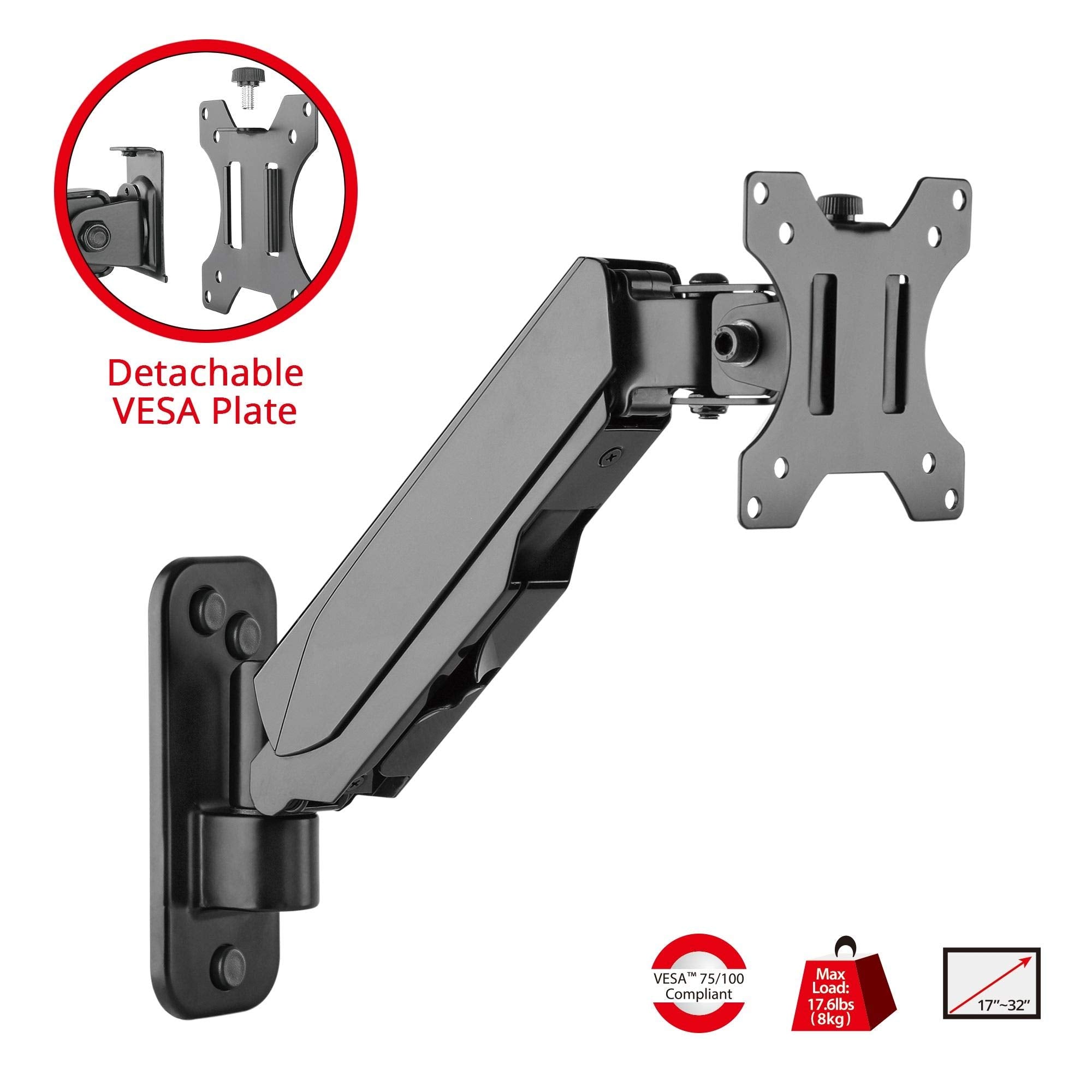 Siig Aluminum Gas Spring Full Motion Ergonomic Single Arm Monitor Wall Mount   Heavy Duty Holds 17'' To 32'' Screen, Up To 17.6L