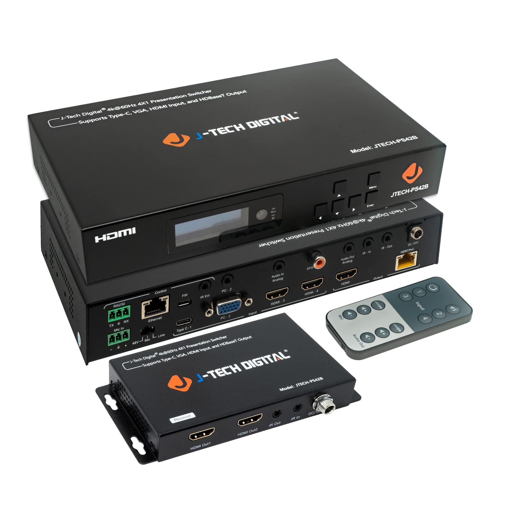 J Tech Digital Multi Input 4K Hdmi Vga Usb C Presentation Switch W/Hdbaset Extension [Jtech Ps42B]