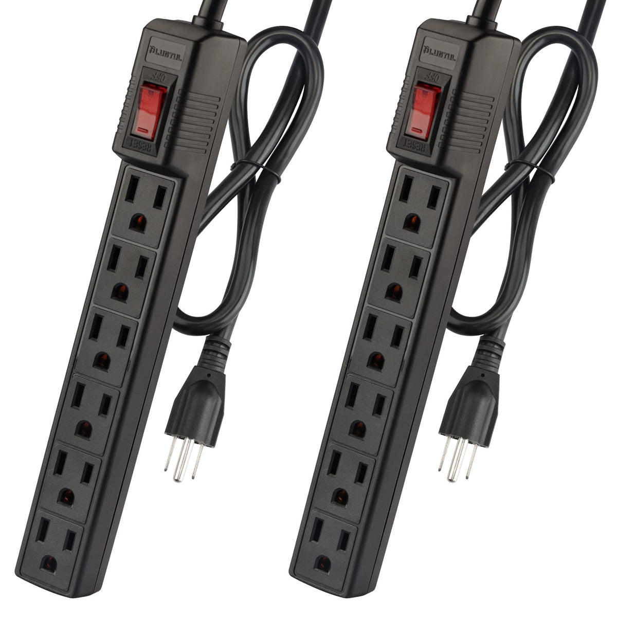 Plugtul Power Strip Surge Protector 2 Pack   6 Outlets & 2 Ft Extension Cord, 1875W/15A 90 Joules, Overload & Surge Protection,