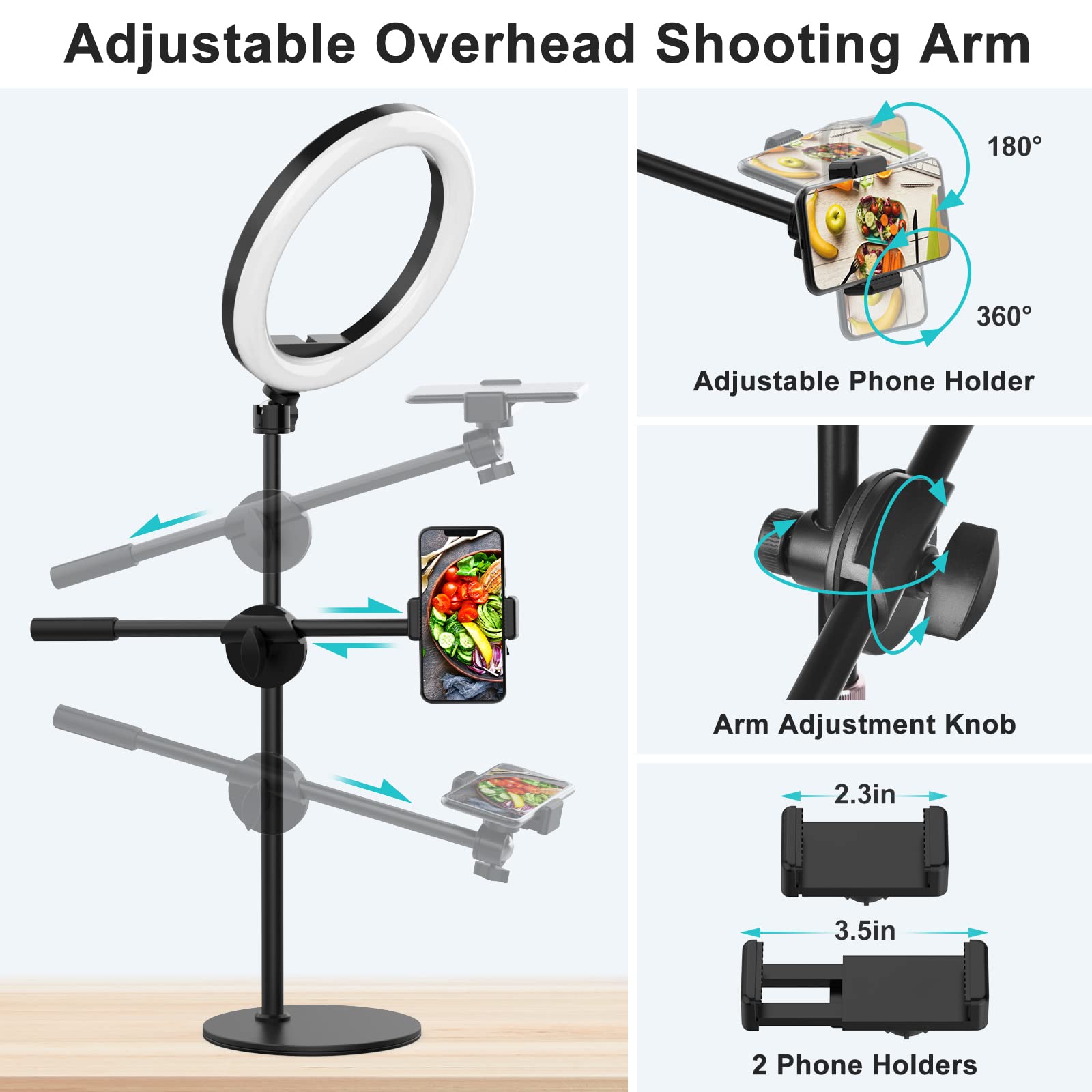 Overhead Phone Camera Mount With Ring Light For Video Recording, Cooking Filming. Content Creator Kit With 10.5'' Rgb Ringlight,