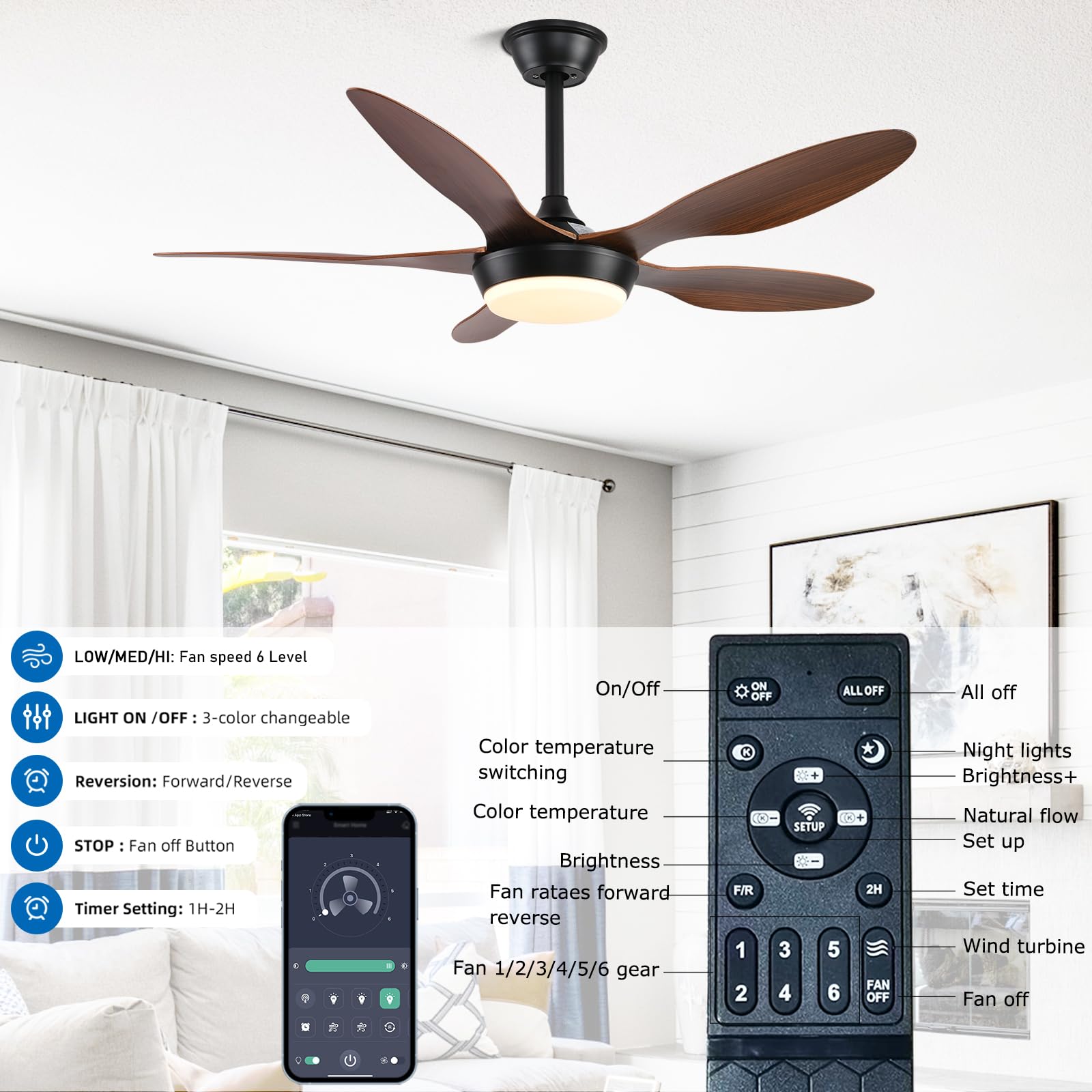 Fumltp 46 Inch Brown Modern Ceiling Fans With Lights Remote/App Control, Low Profile Reversible 6 Speeds Ceiling Fan Light For I