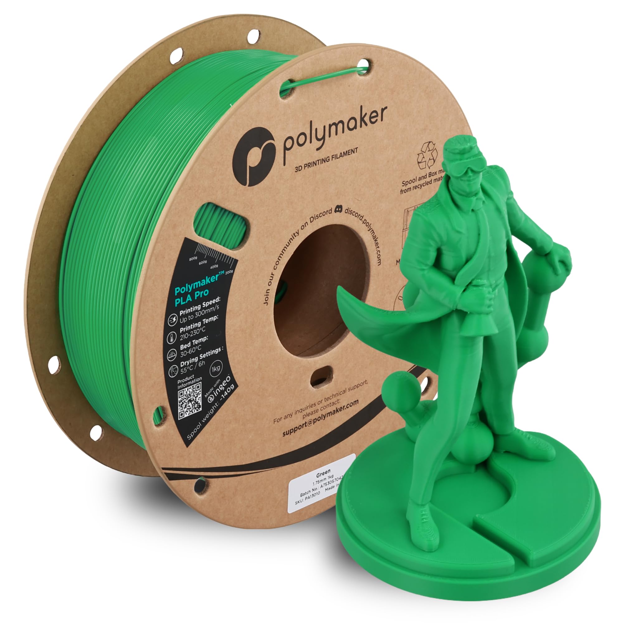 Polymaker PLA Pro 3D Printing Filament Green 1.75mm 1KG, High-Impact Tough PLA, Fast Printing up to 300mm/s, High Speed New Form