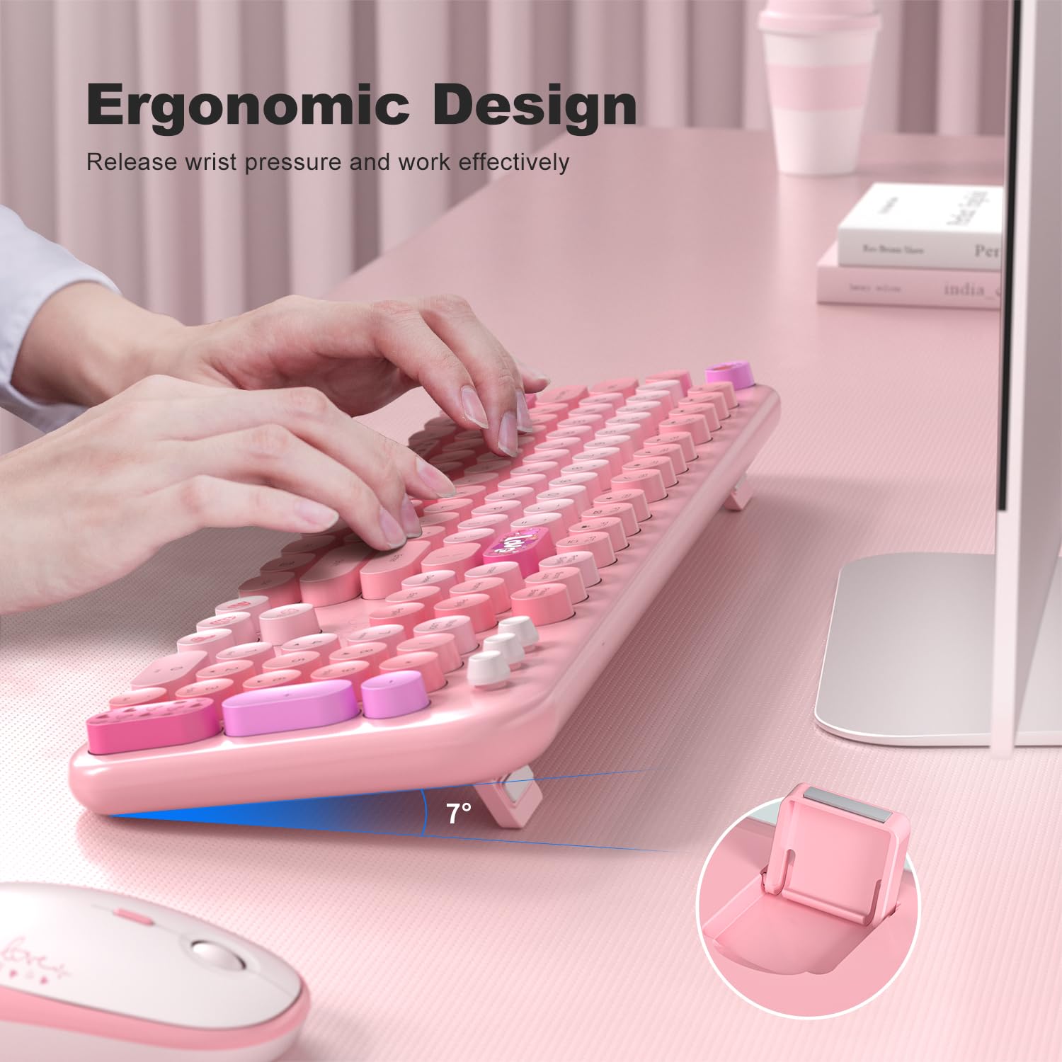 Mofii Wireless Keyboard And Mouse Combo   Pale Pink Full Sized Plug And Play Colorful Computer Keyboards   104 Keys Round Keycap