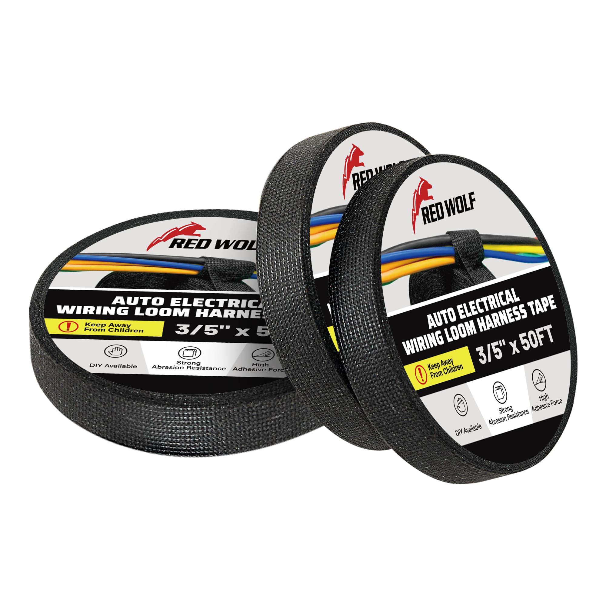 Red Wolf Electric Wiring Harness Tape 3 Rolls High Temp Self Adhesive Fabric Tape For Automobile Electrical Harness Wrap Noise Damping Protection Insulation Cable Fixed Black, 3/5 Inch X 50Ft
