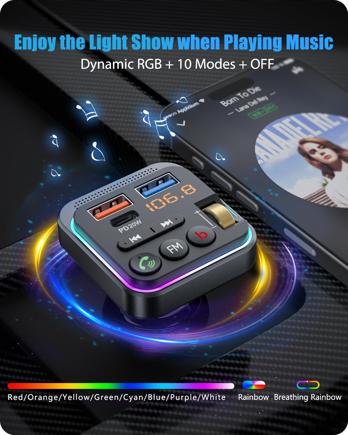 Lencent Bluetooth 5.0 Fm Transmitter For Car, [Pd 20W + Qc 3.0] Usb Charger Music Radio Adapter, Wireless Microphone &Hifi Bass