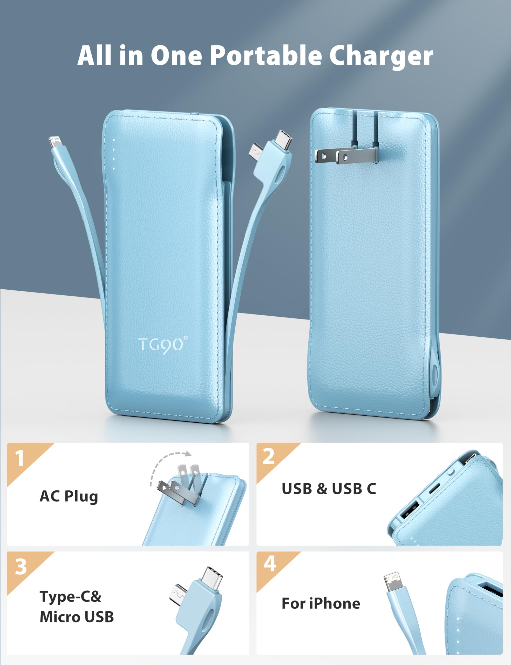 Tg90 2 Pack 10000Mah Power Bank Built In Foldable Ac Wall Plug And Cables,Ultra Slim Compact Cell Phone Fast Charger,External Ba