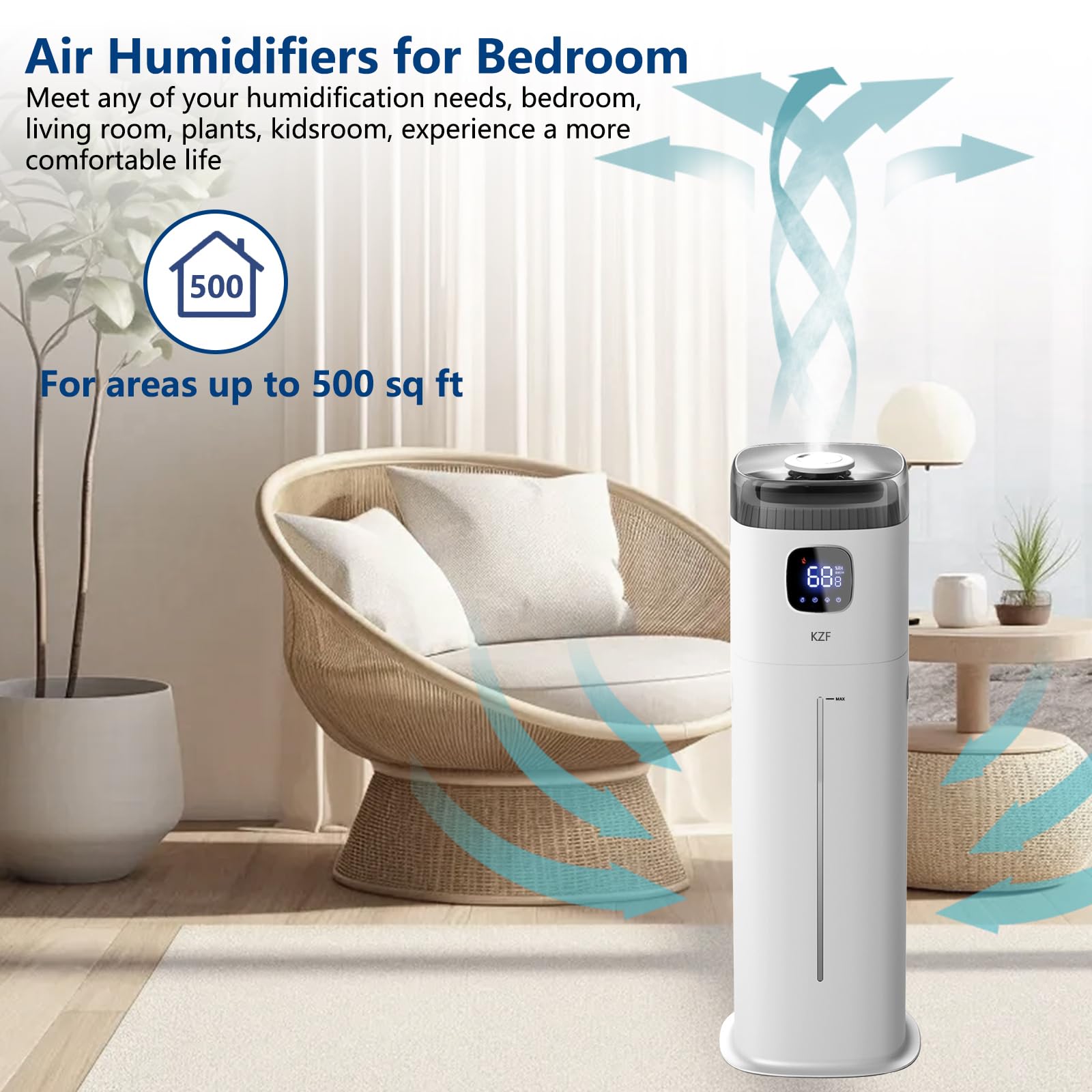 Kzf Large Humidifier For Bedroom, 9L/2.5Gallon Ultrasonic Cool Mist Humidifier With Humidistat, 360Nozzle, 350Ml/H Big Mist Leve