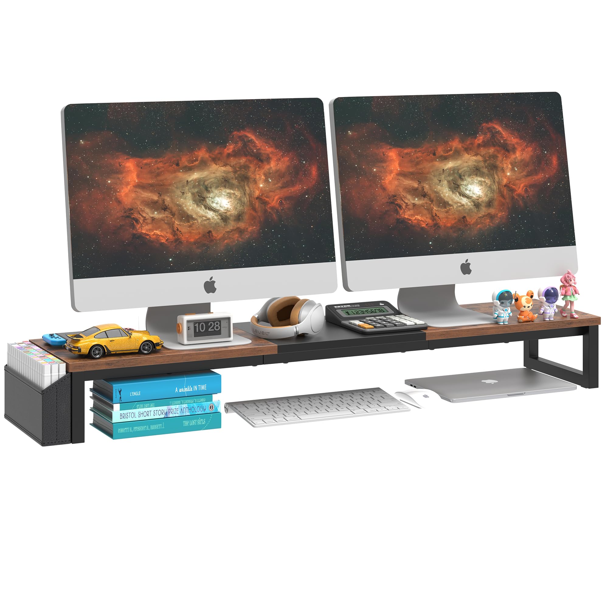 LANDVOI Dual Monitor Stand Riser,41.5 Long Monitor Stand for 2 Monitors, Wood Computer Riser with Pocket, Desktop Oraganizer w
