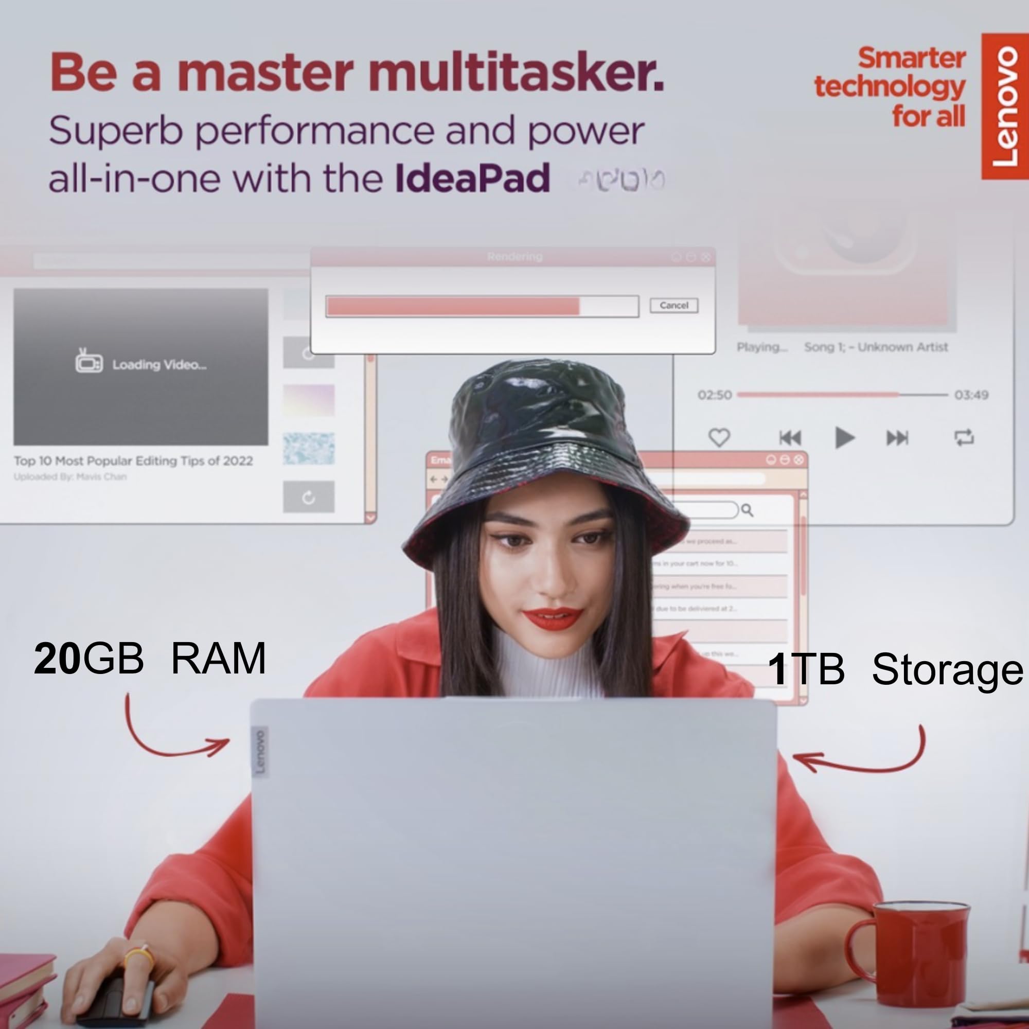 Lenovo Ideapad, 20Gb Ram, 1Tb Ssd, Amd Dual Core Processor, 15.6 Inch Hd Anti Glare Display, Long Battery Life Up To 9.5Hr, Hdmi