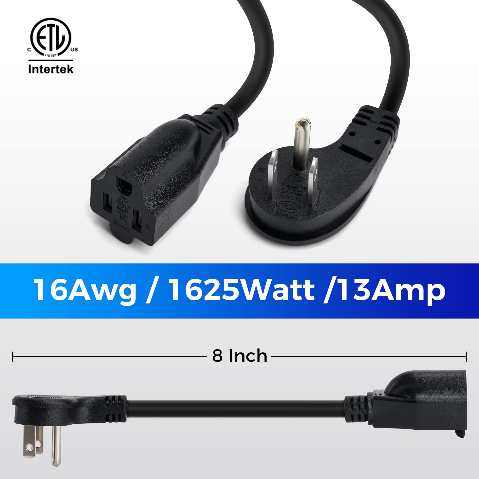 8 Inch Short Power Extension Cord 5Pack,45 Degree Low Profile Flat Plug 3 Prong Male To Female Heavy Duty Grounded Power Extensi