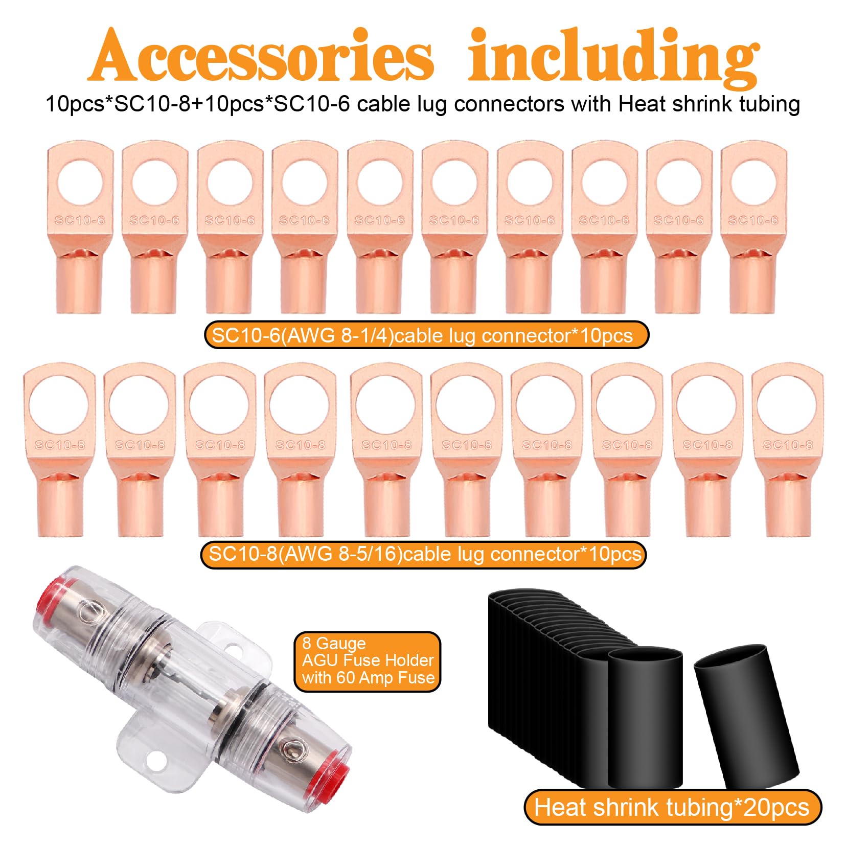 Taukealugs 8 Gauge Wire Copper Clad Aluminum Cca 50Ft Black/Red With 8Ga Lugs,60A Fuse Holder And Heat Shrink Tube   Battery Pow