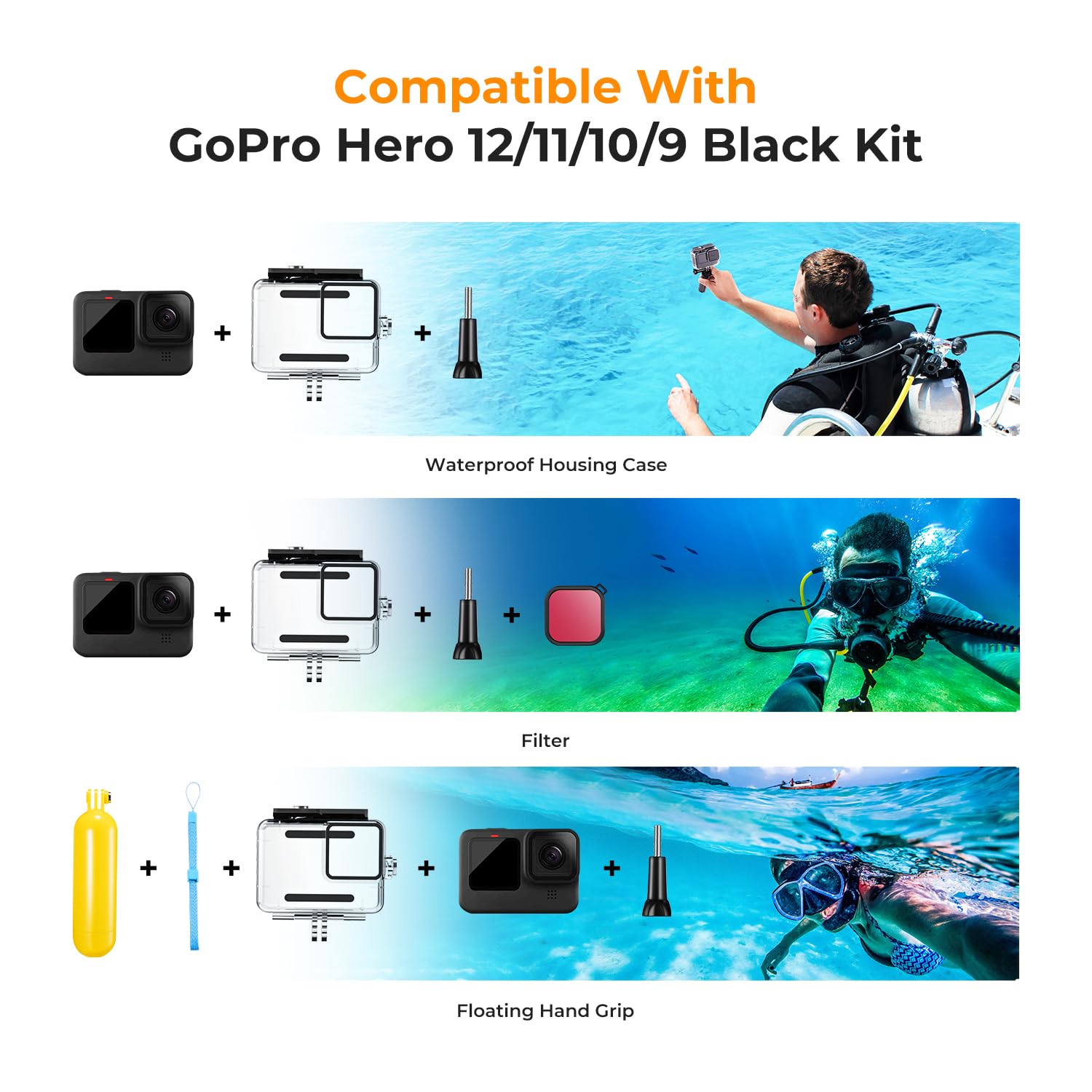 K&F Concept Waterproof Case With Dive Filters Compatible With Gopro Hero 12/11/10/9 Black, Protective Underwater Dive Housing Ca