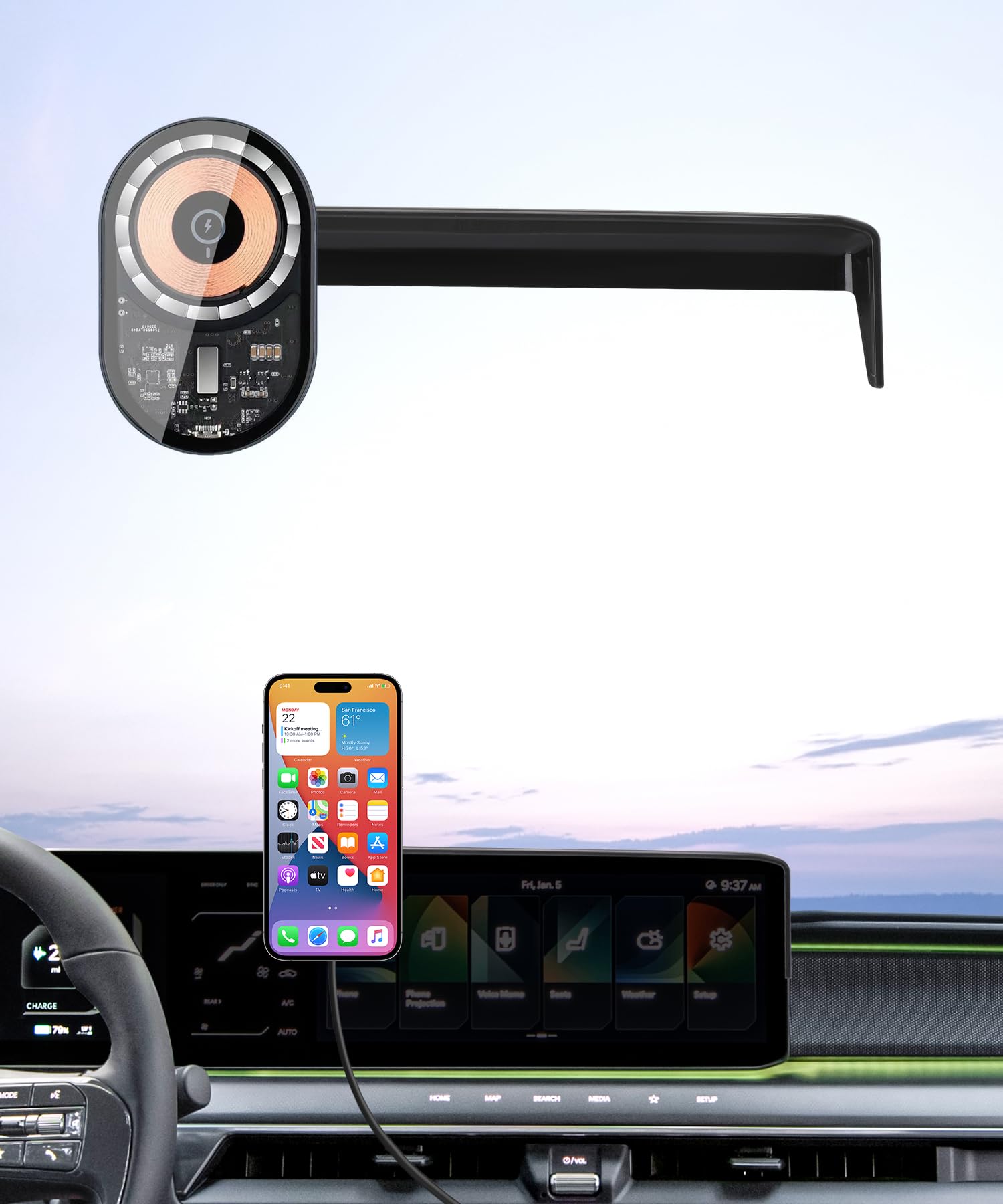 Masergogo Wireless Charging car Phone Holder for Kia EV9 2024 Accessories 12.3 inch Screen Fixed Clip,360 Rotation car Phone Mou