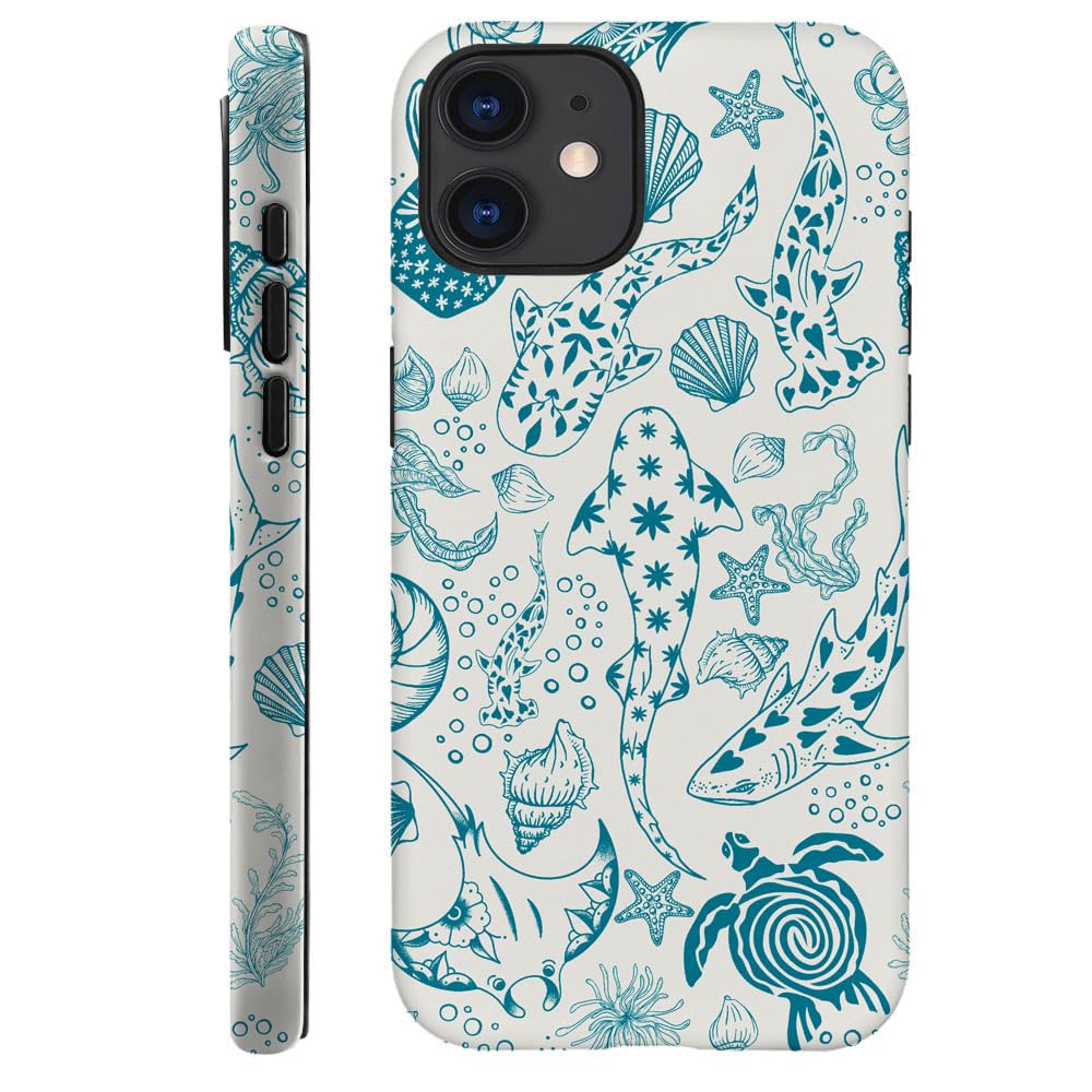 Case for iPhone 11,Fits Frosted Case Design for Girl Women,Sharks Turtles Shells Seaweed Green