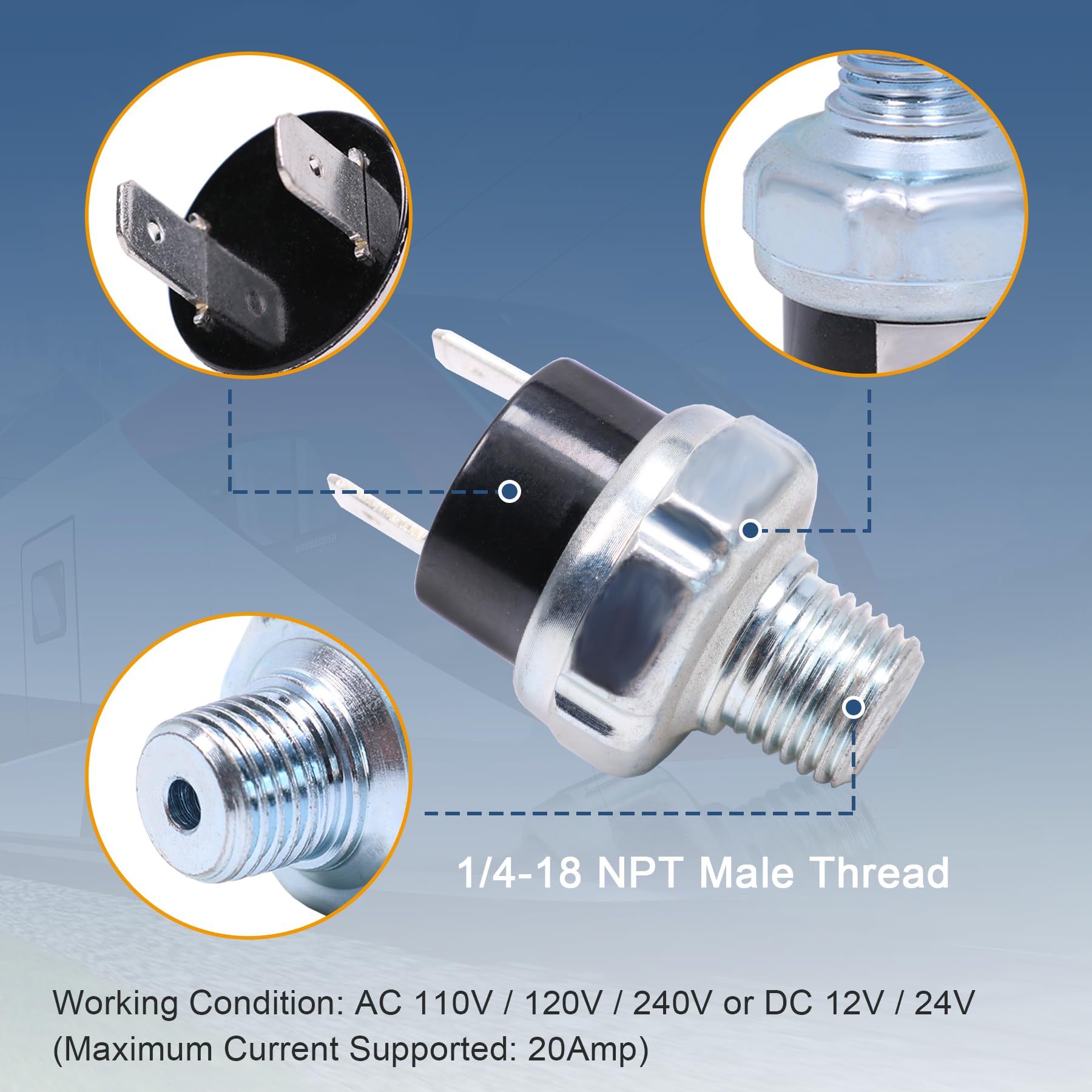 150 180 Psi Air Pressure Switch 150 180Psi 1/4 Inch Tank Mount Thread 1/4'' Npt 12V/24V Dc Air Compressor Tank Pressure Control