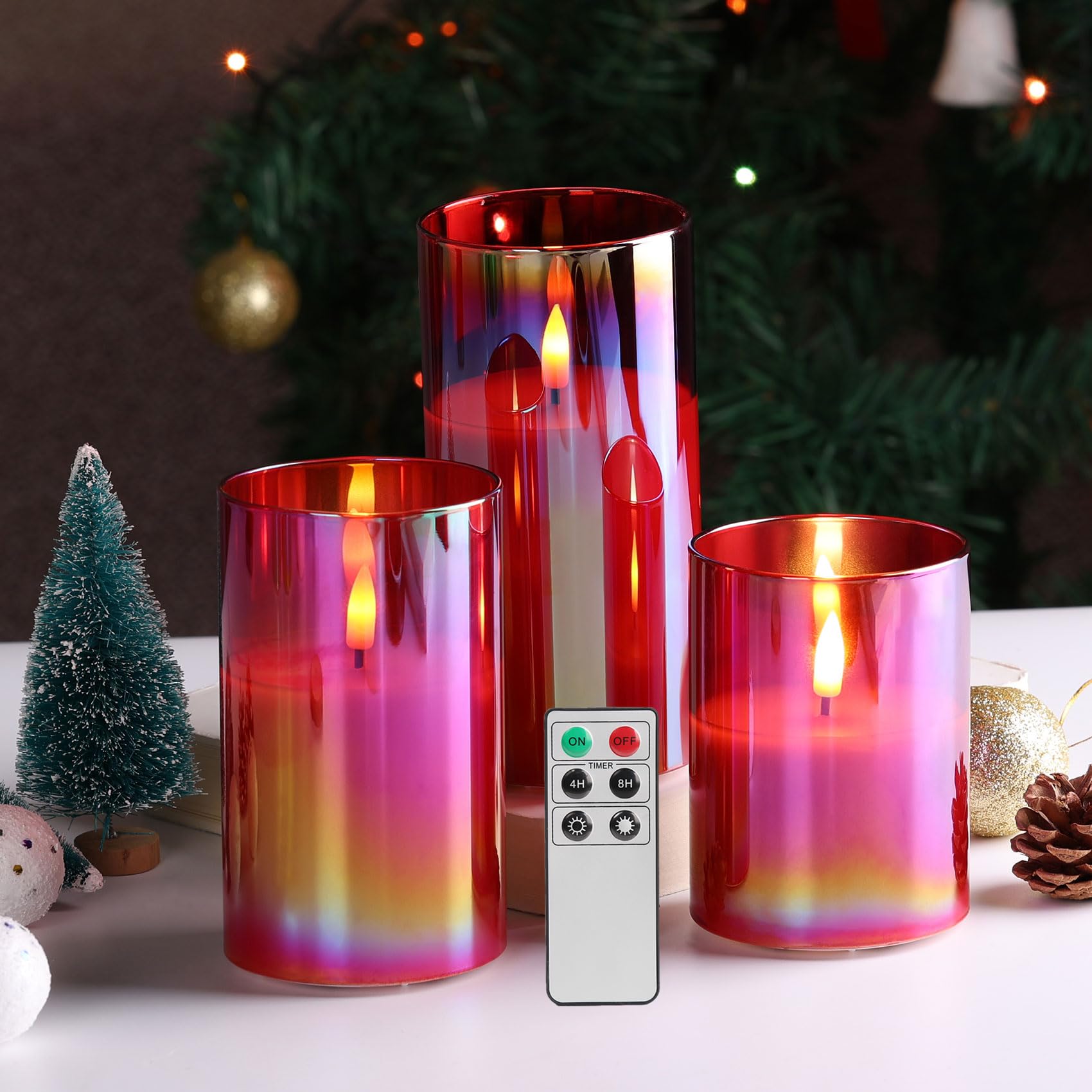 Eywamage Red Glass Flameless Led Pillar Candles With Remote, Flickering Battery Christmas Candles Set Of 3