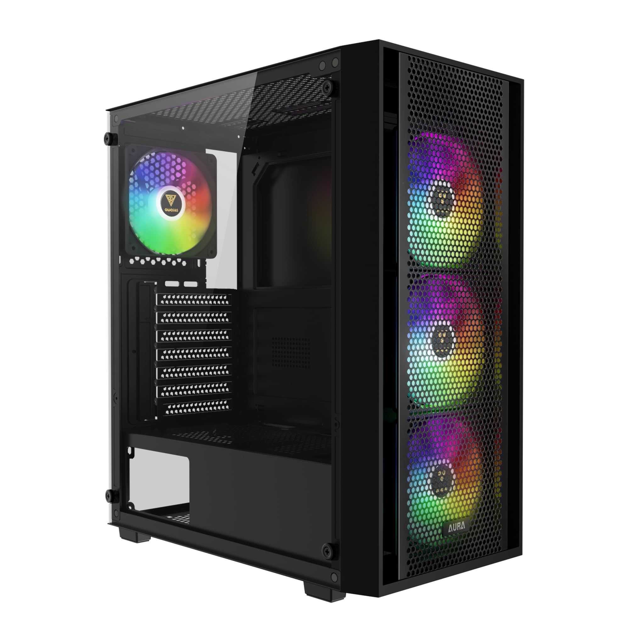 GAMDIAS ATX Mid Tower Computer PC Case with Tempered Glass, 4X 120mm ARGB PWM Fans Gaming Case, Support Up to 6X 120mm Fans, 360