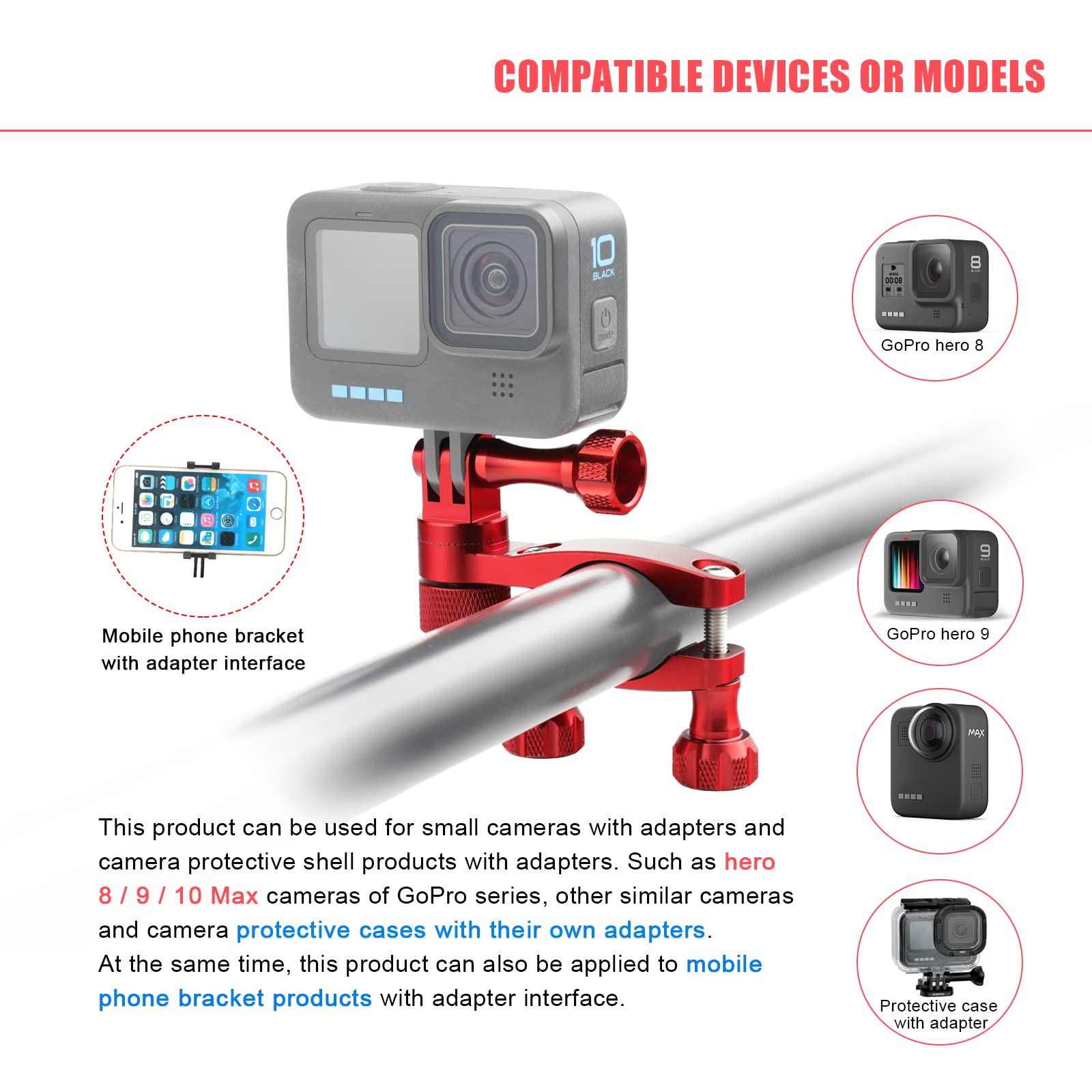 Forevercam Bike Handlebar Mount For Gopro Hero 13/12/11/10/9/8/Insta360/Akaso/Dji Osmo Aluminum Bike/Motorcycle Mount 360�Rotation And Lock Any Direction(Red)