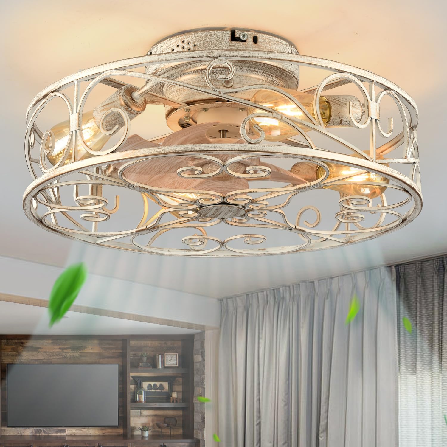 Xudom 20'' Caged Ceiling Fans With Lights And Remote, Bladeless Ceiling Fan 6 Speed Reversible With 4 Bulbs And Remote Control,F