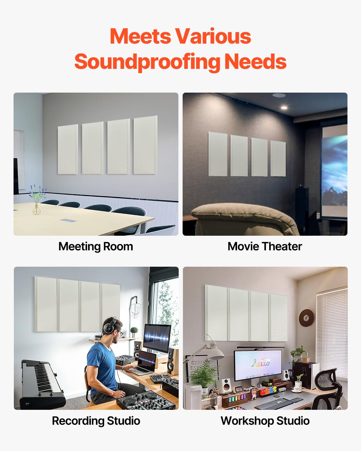 Vevor 4 Pcs Acoustic Panels, 2 Inch Thick 23.6 X 11.8 Inch Fiberglass Sound Absorbing Panels, Self-Adhesive Soundproof Wall Boar