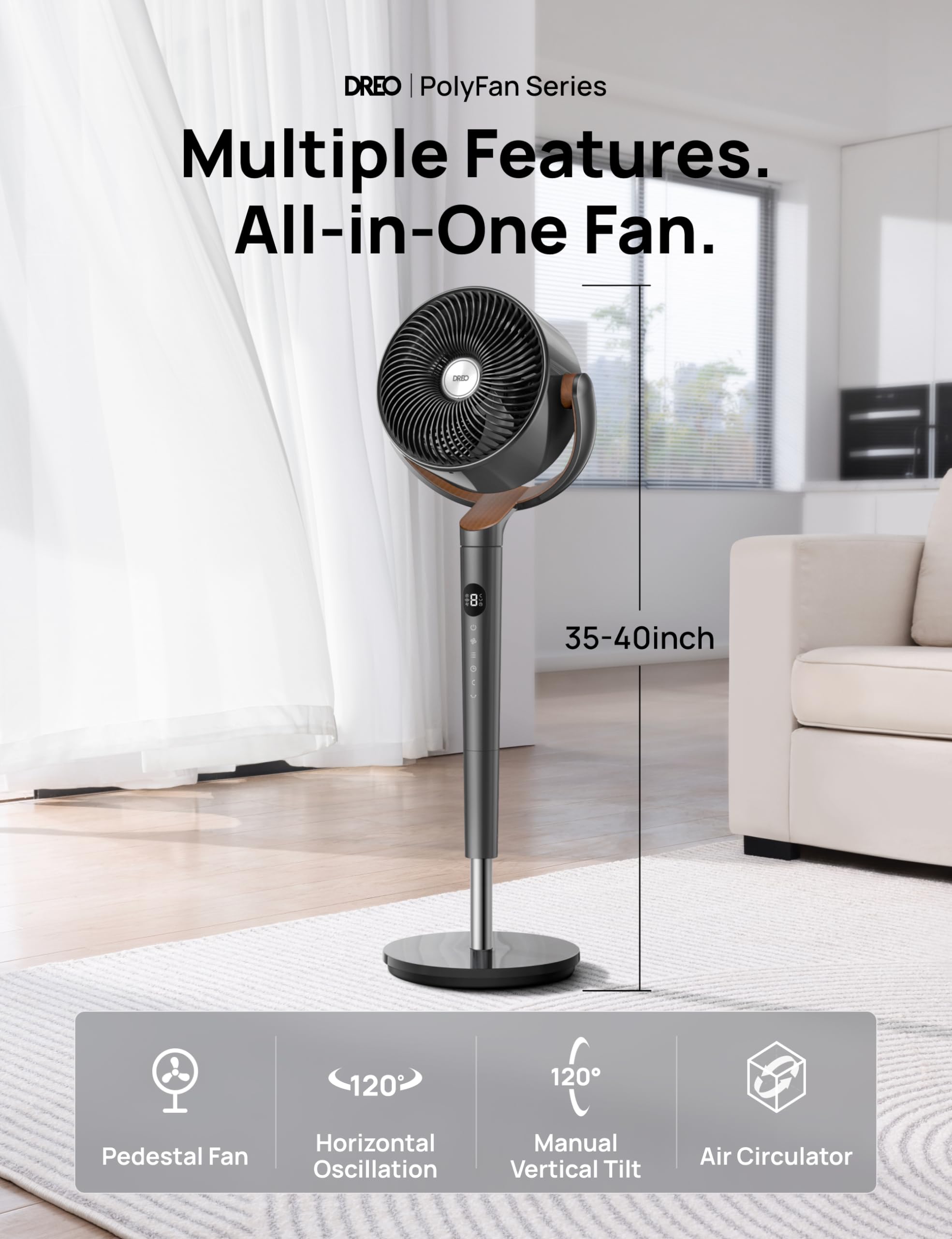 Dreo Fan For Bedroom, 120� Oscillating Standing Fan, Quiet Floor Fan With Dc Motor, 82Ft Pedestal Fan For Whole Room, 8 Speeds, 3 Modes, 20Db, 120� Manual Vertical, 35 40' Adjustable Height, 8H Timer