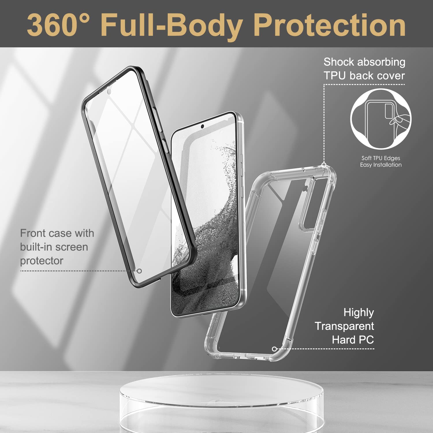 Suritch Compatible With Galaxy S22 Plus Clear Case 5G,[Built In Screen Protector] Full Body Protection Hard Shell+Soft Tpu Bumpe