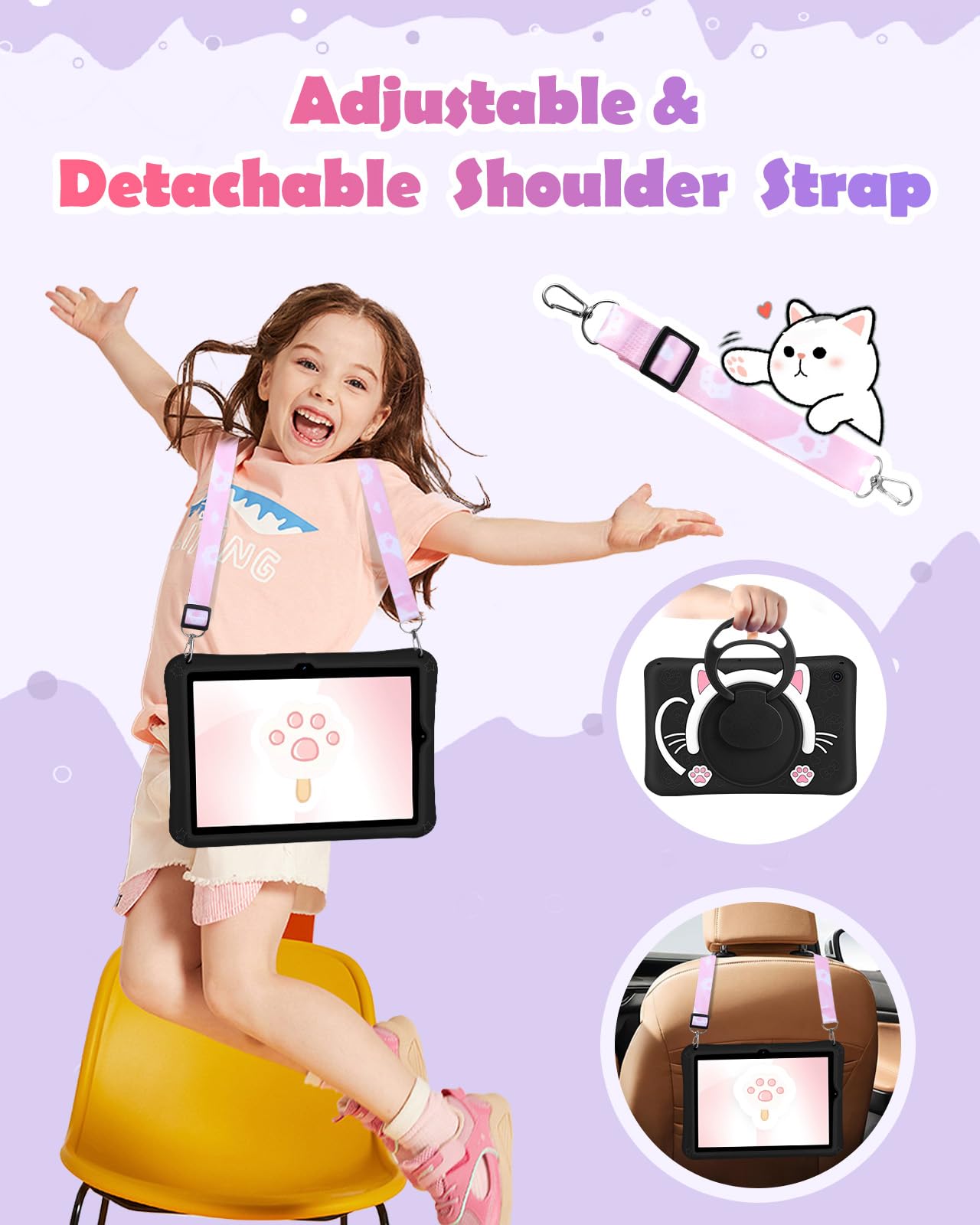 Wazzasoft For Samsung Galaxy Tab A9 Plus Case 11    Girls Cute Black Cat Cover Kawaii Girly 3D Cartoon Women Kitten With Rotatin